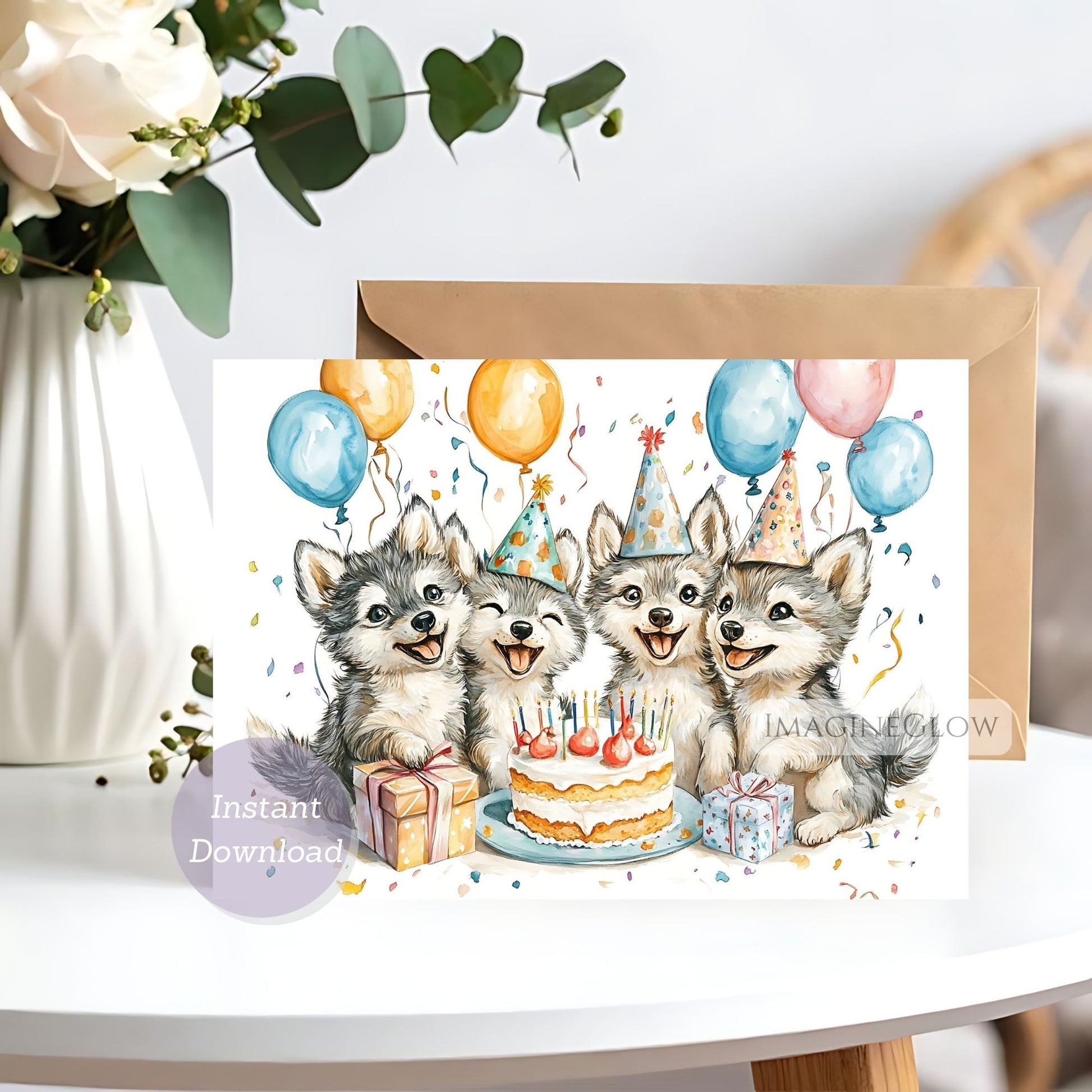 Birthday card with three wolf puppies celebrating a birthday, surrounded by balloons and a cake.
