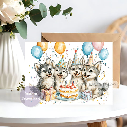 Birthday card with three wolf puppies celebrating a birthday, surrounded by balloons and a cake.