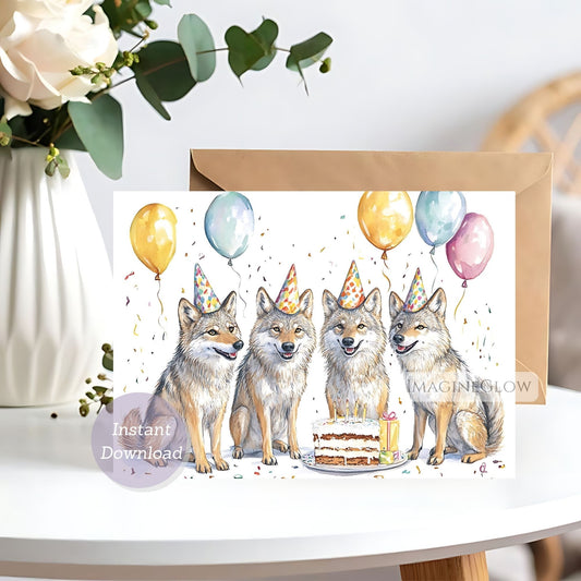 Birthday card with four wolves wearing party hats and balloons on a white surface.
