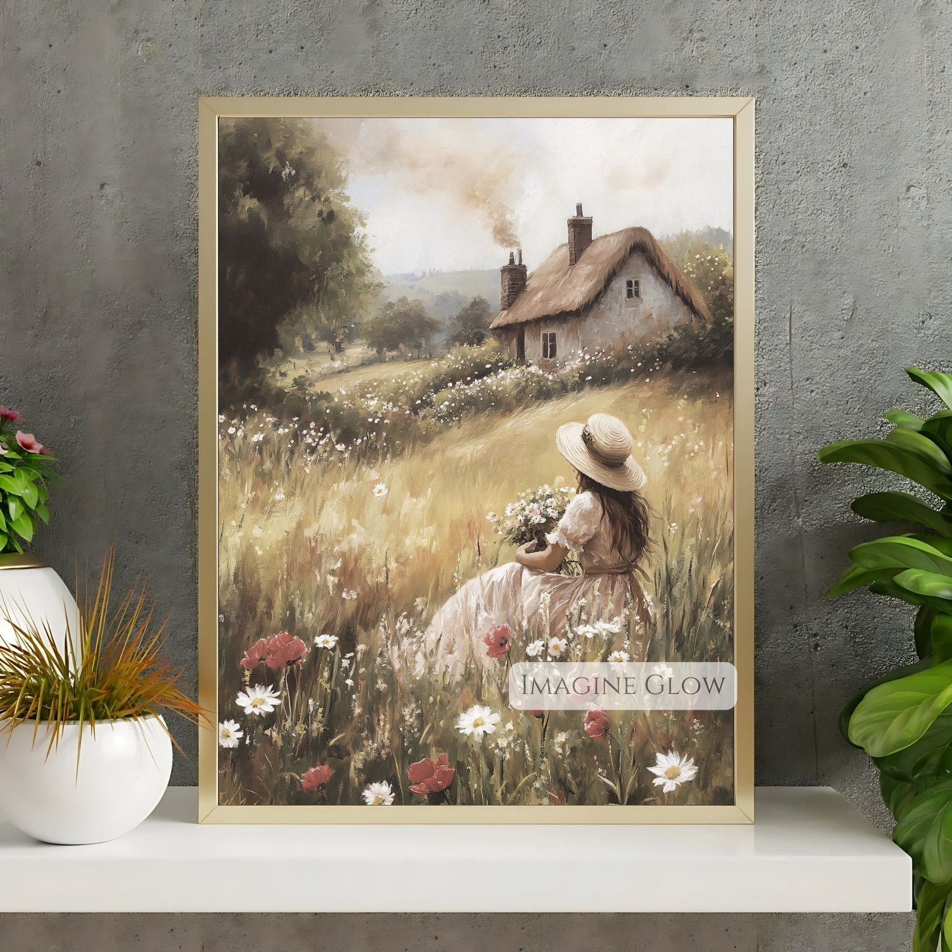 Woman picking wildflowers in vintage spring meadow artwork.