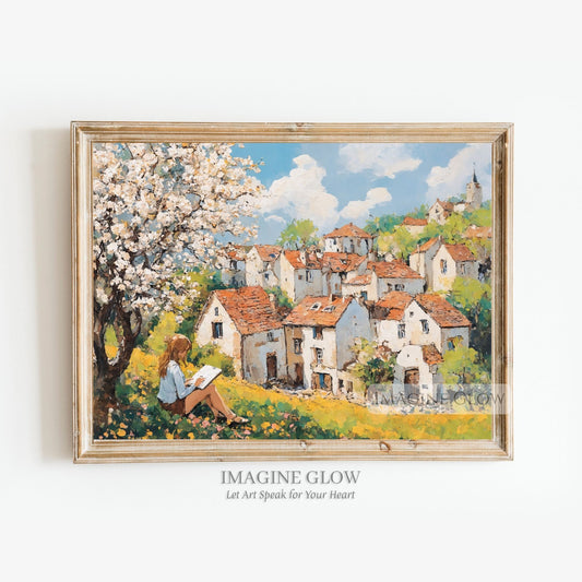 Minimalist spring wall art featuring a peaceful reading scene.