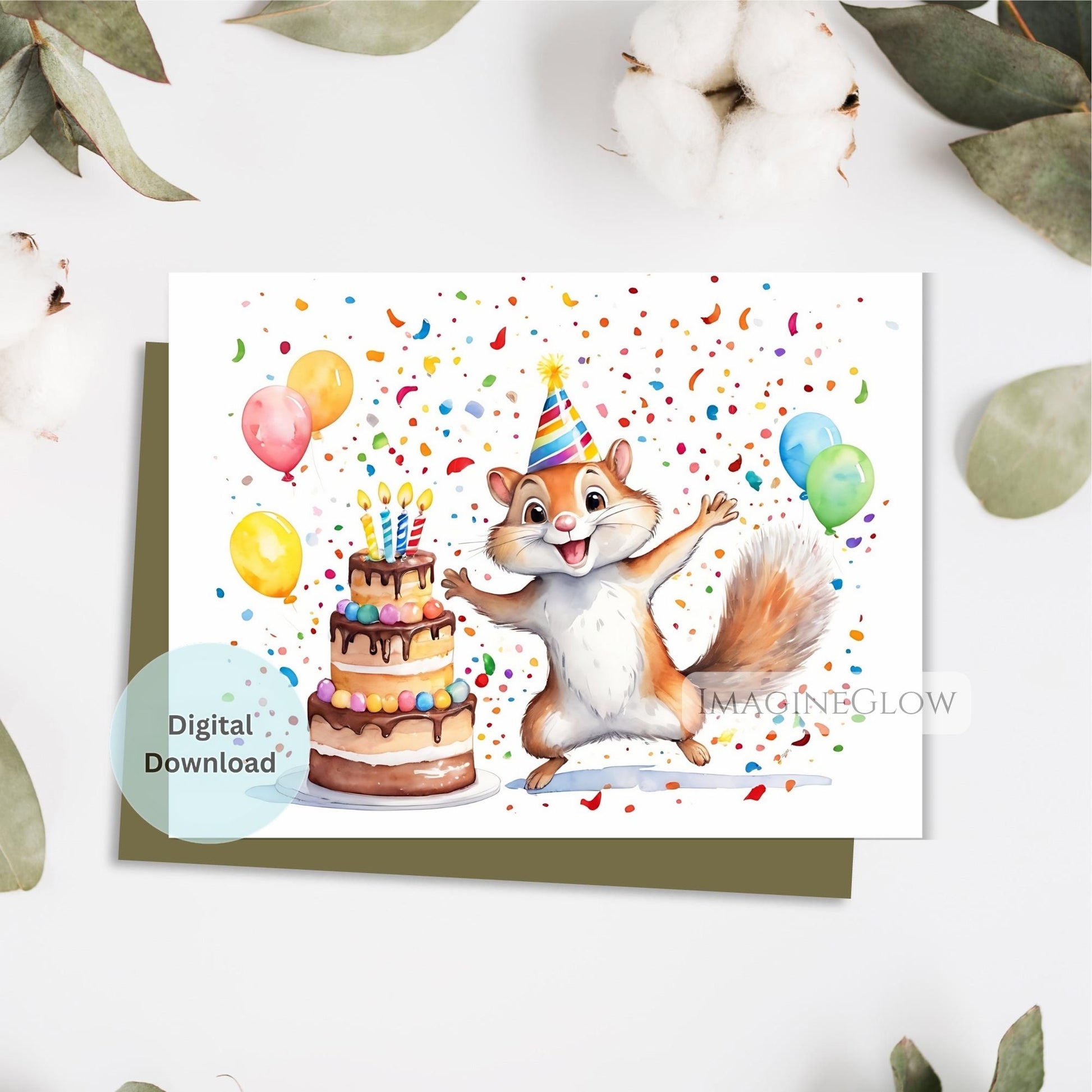 Birthday card with a squirrel and cake illustration on a white background