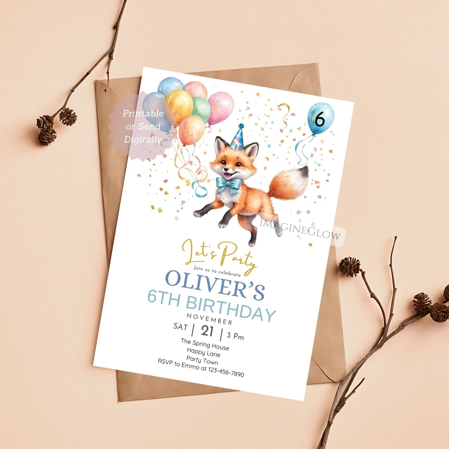 Fun and playful fox birthday invitation for a kid’s woodland adventure