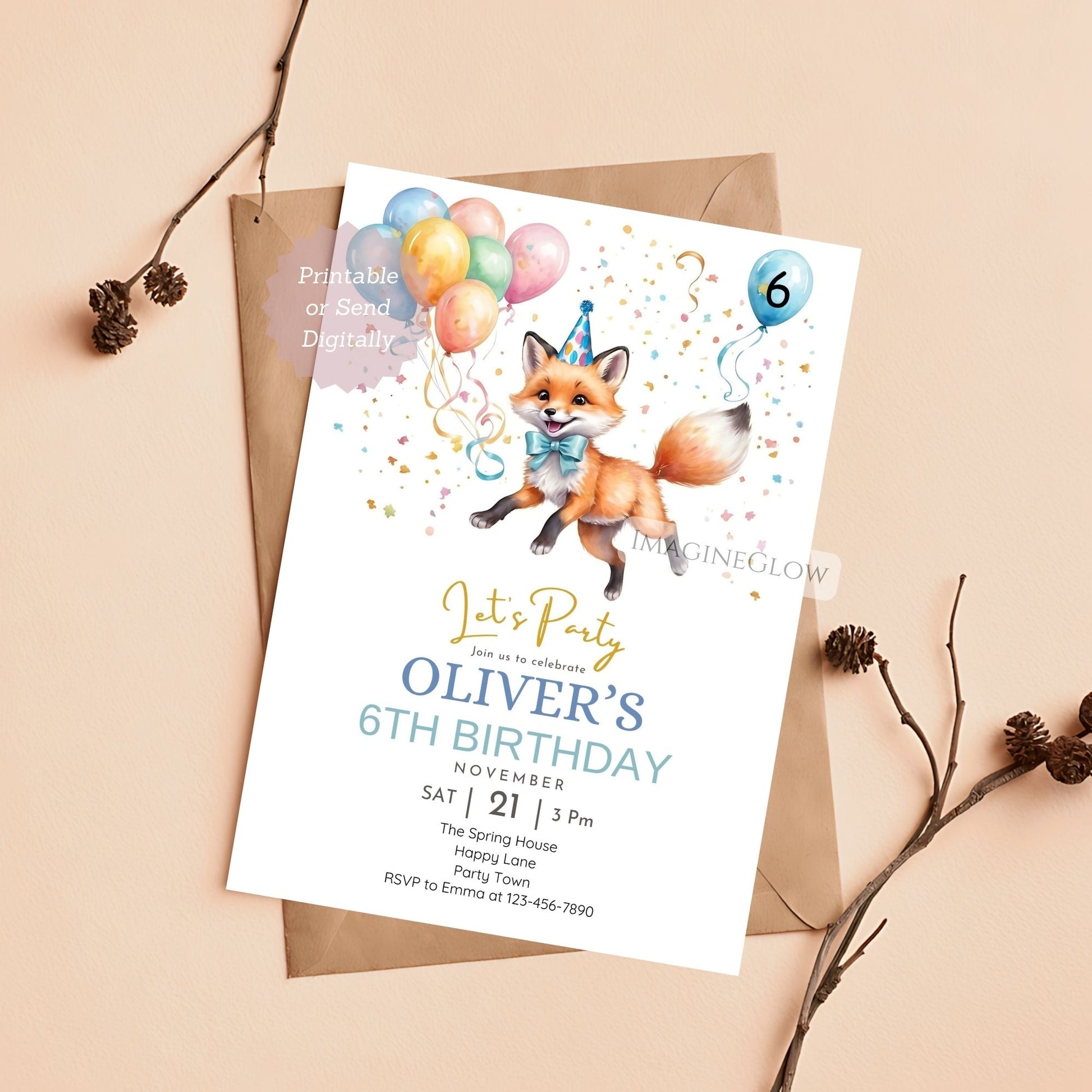 Fun and playful fox birthday invitation for a kid’s woodland adventure