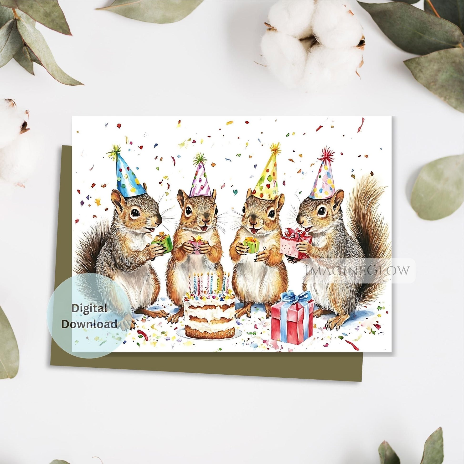 Birthday card with four squirrels celebrating, Squirrel birthday card printable
