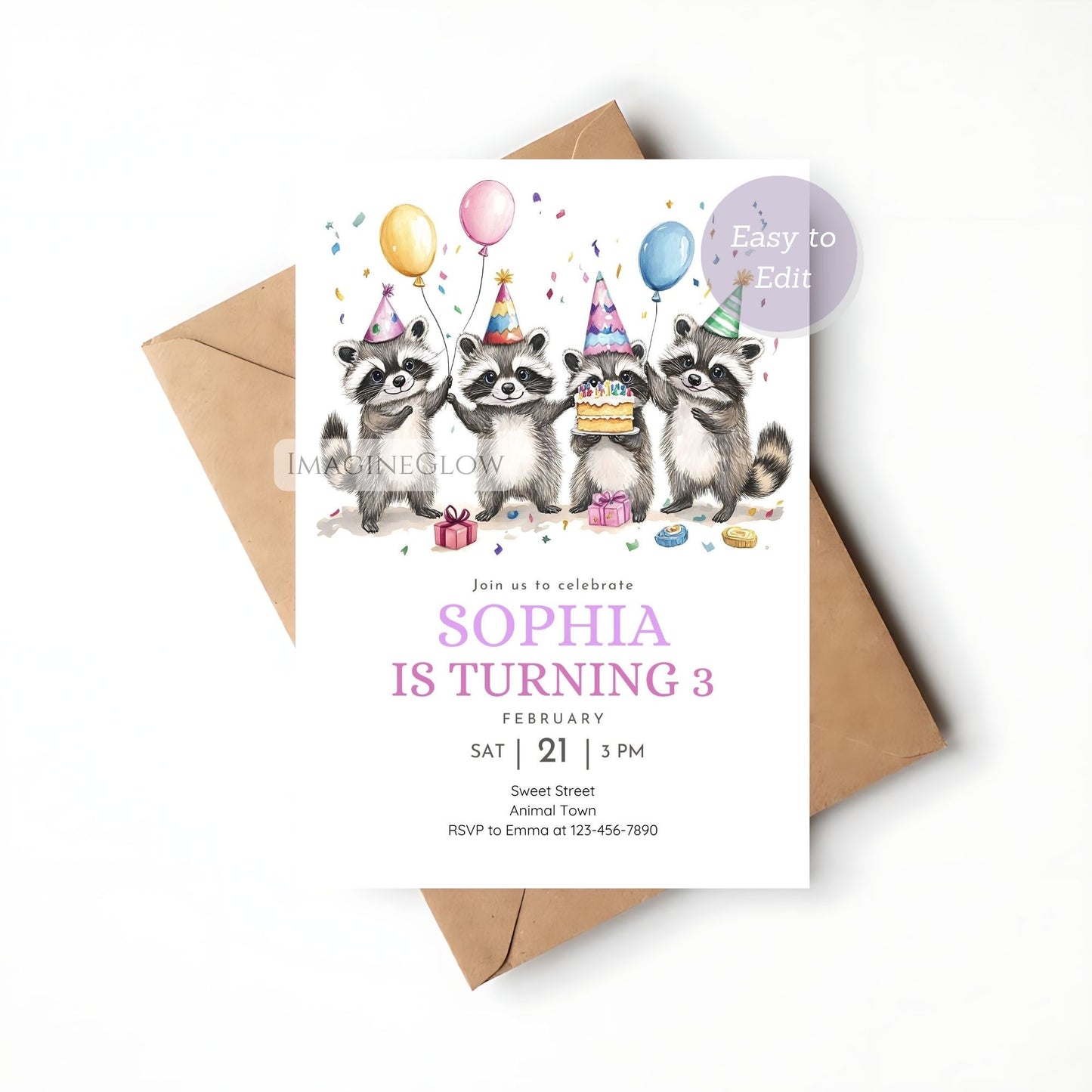 Raccoon Birthday Invitation - Woodland Animal Party Invite