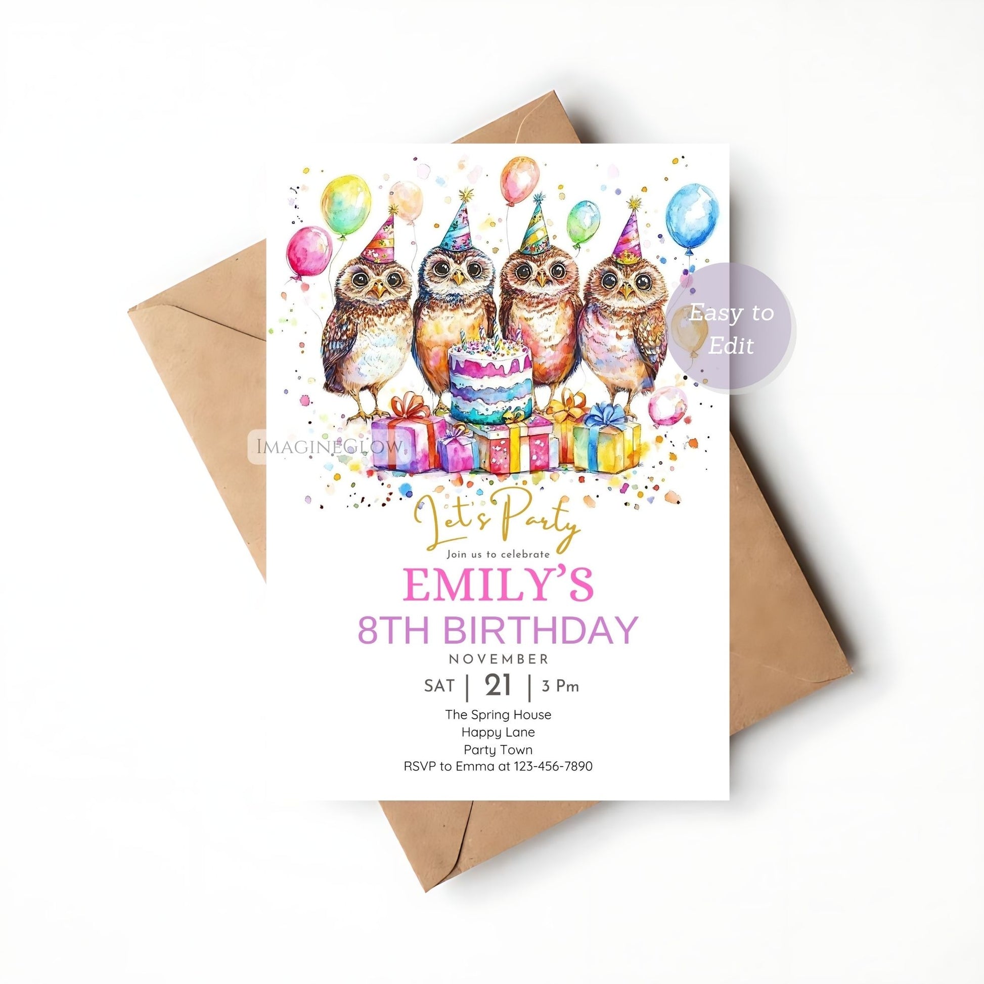 Cute nature-inspired owl party invitation
Rustic woodland owl birthday card