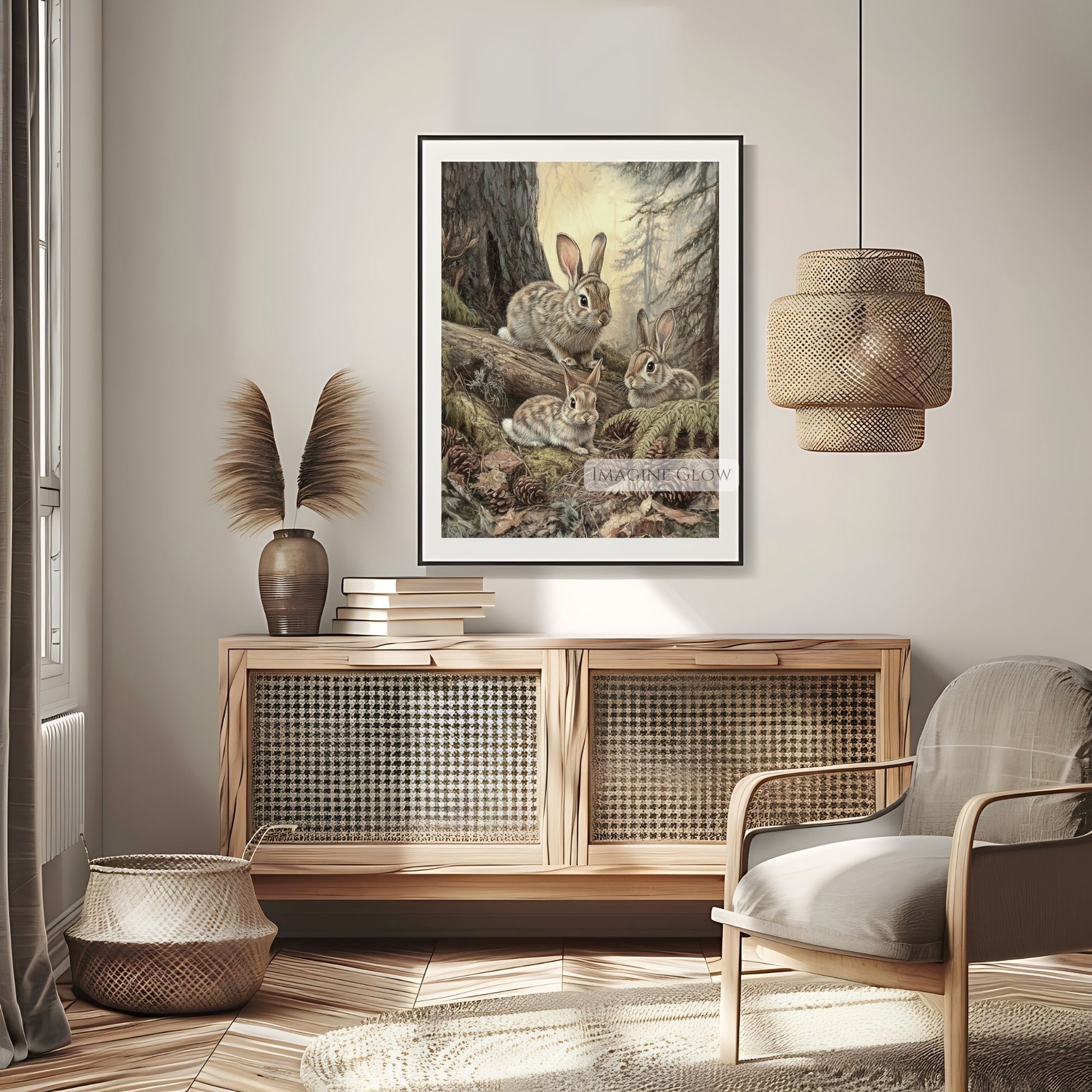Woodland-themed vintage rabbit family artwork.