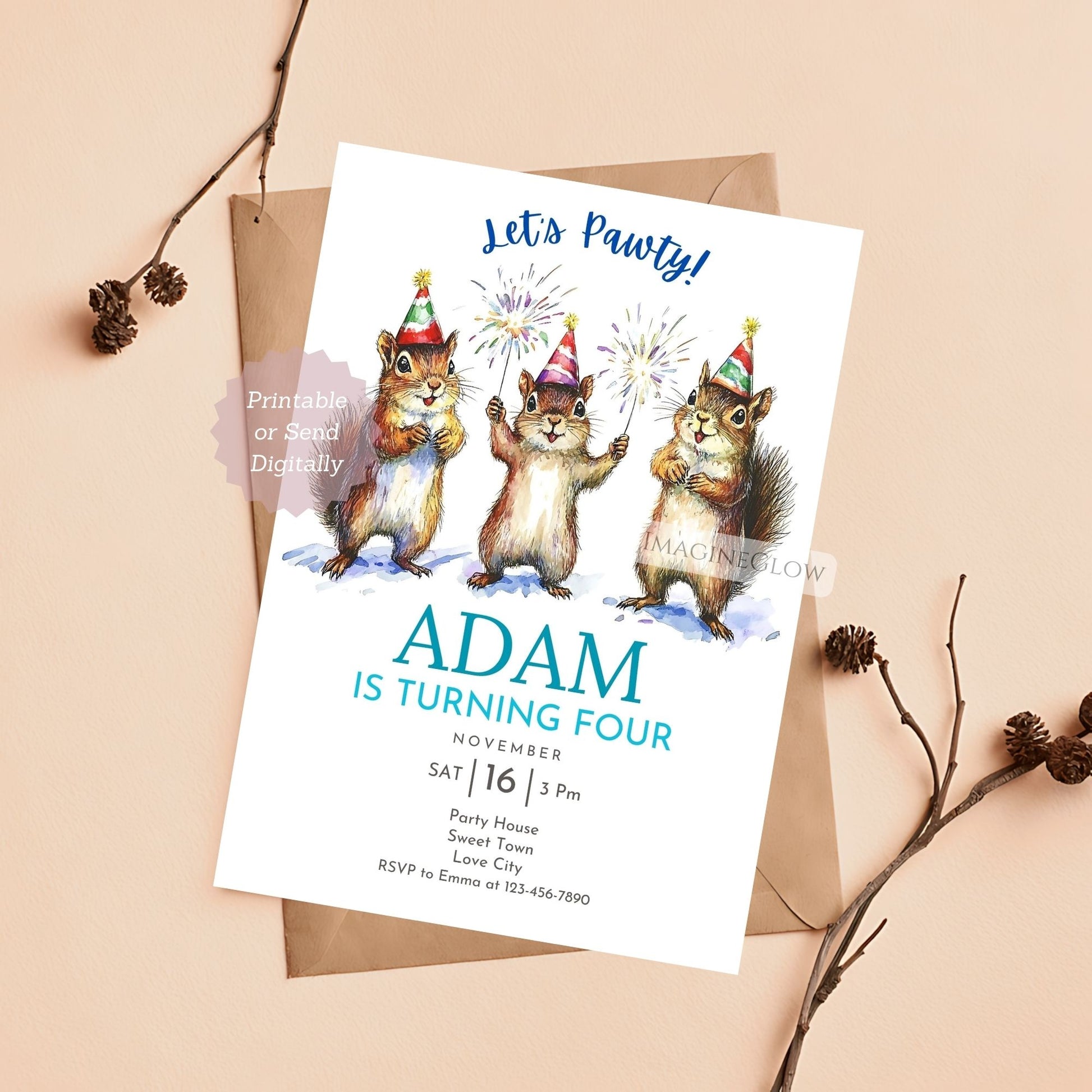 Squirrel Birthday Invitation - Cute Woodland Theme