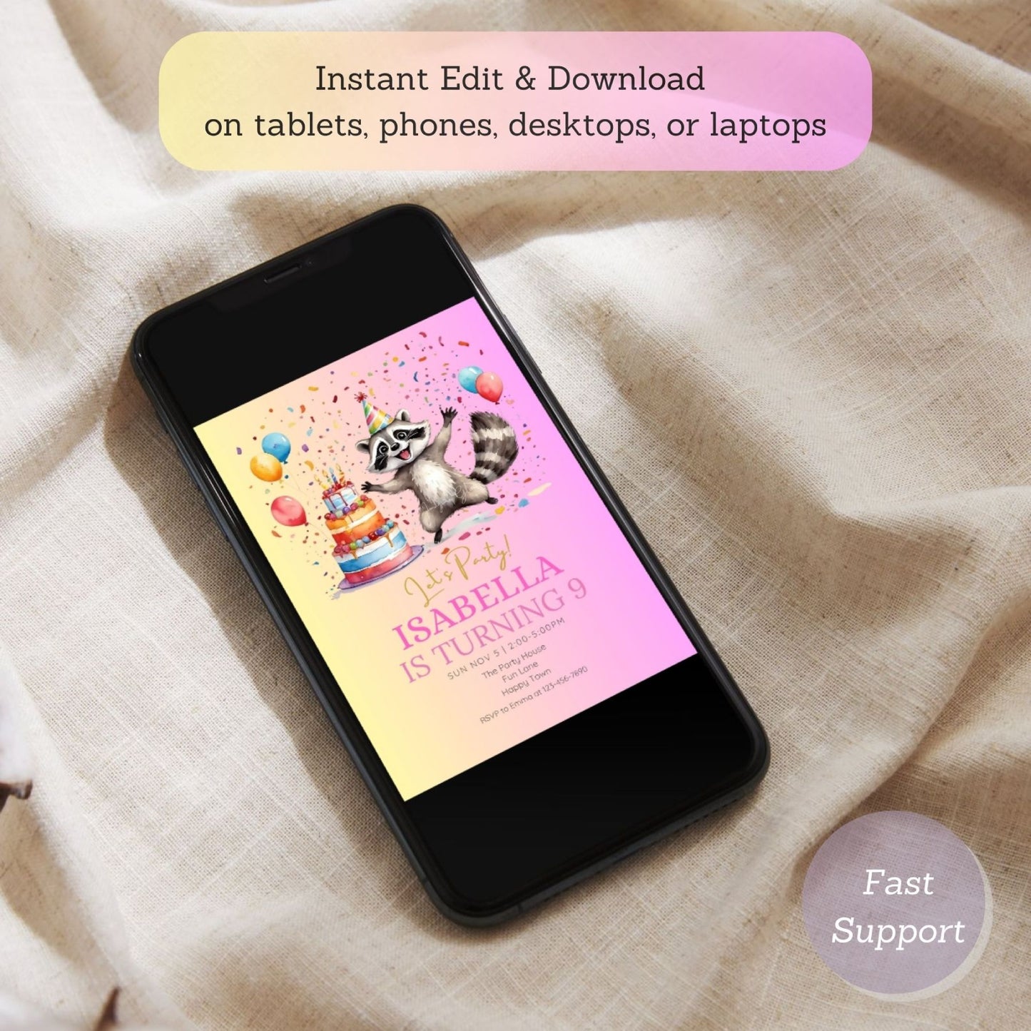 Printable woodland raccoon party card for children’s birthday