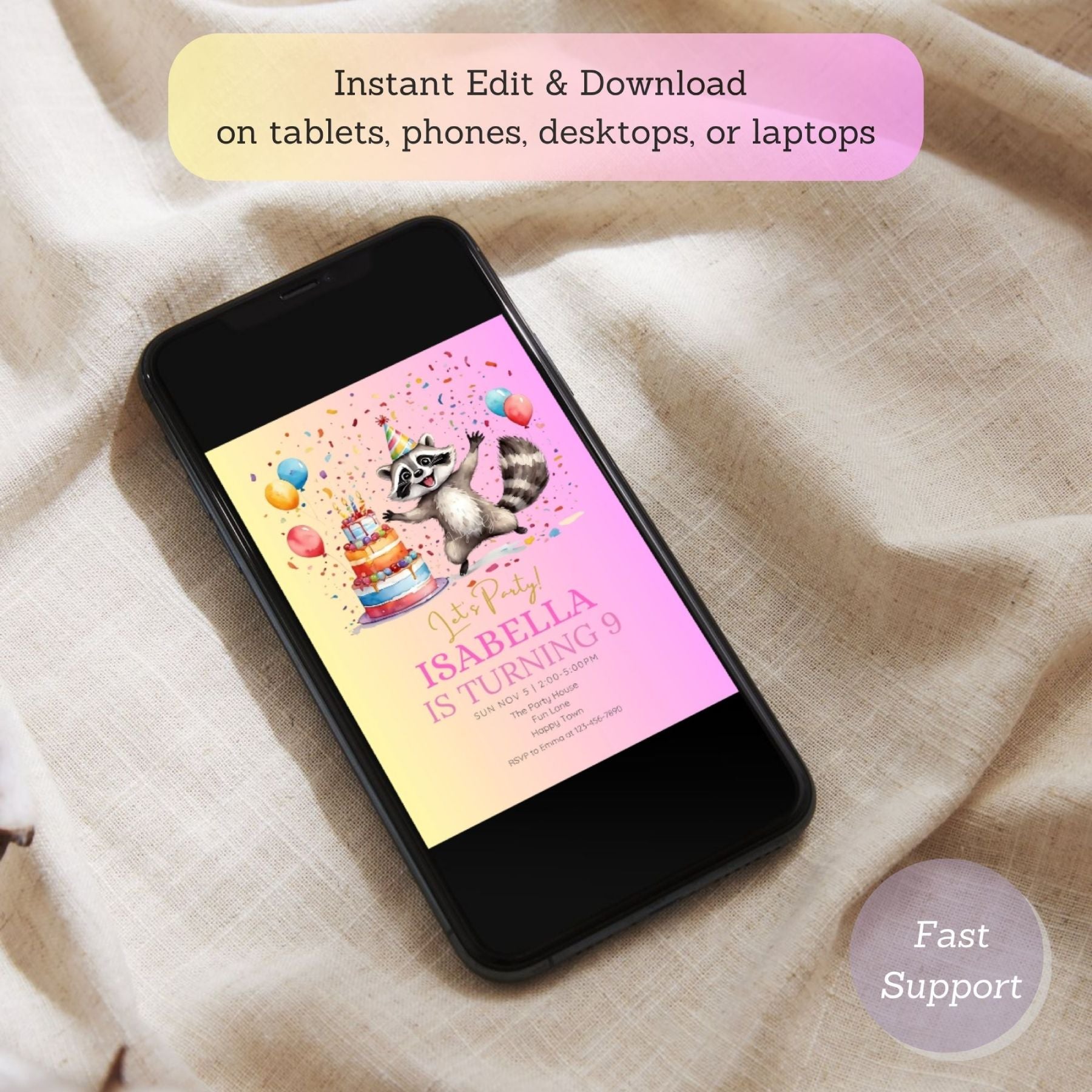 Printable woodland raccoon party card for children’s birthday