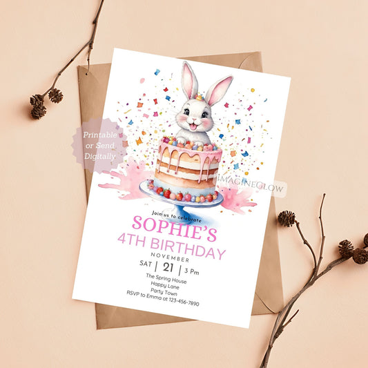 Cute bunny birthday invitation with a cake illustration.