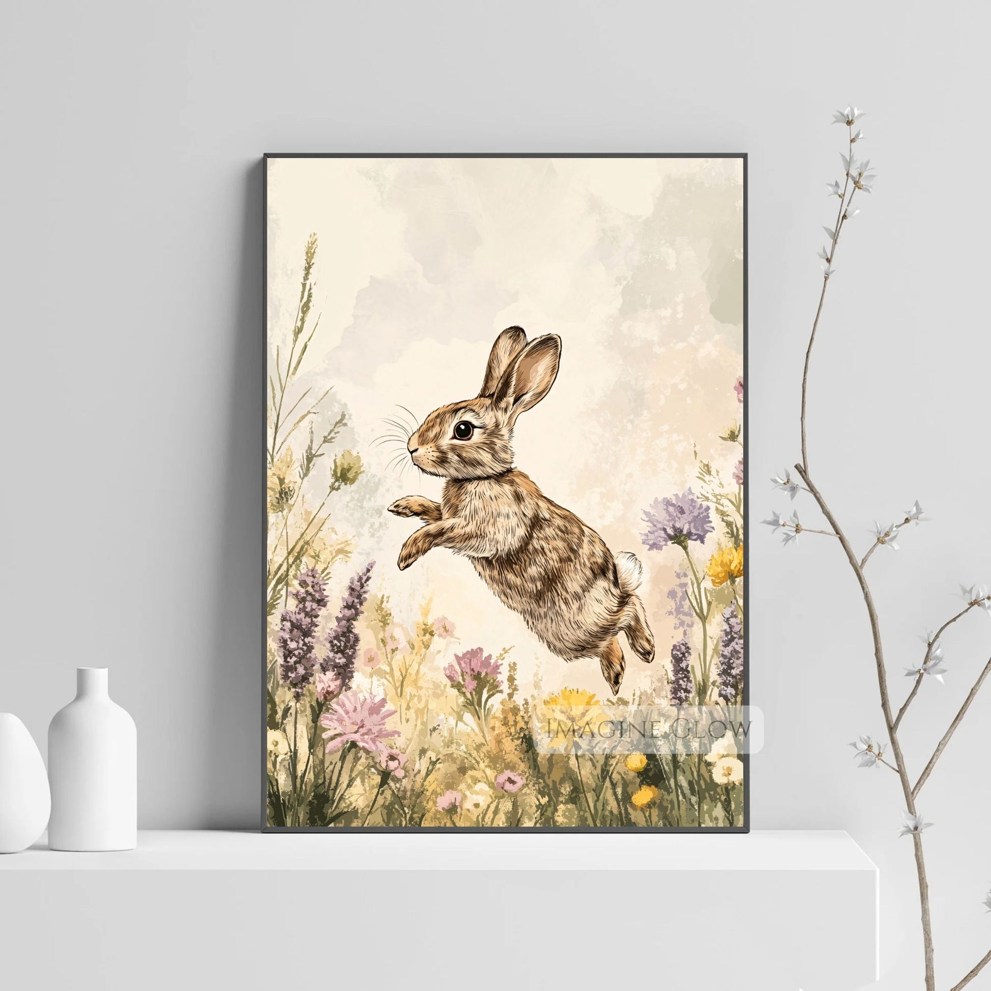 Rustic bunny in wildflowers spring decor print.