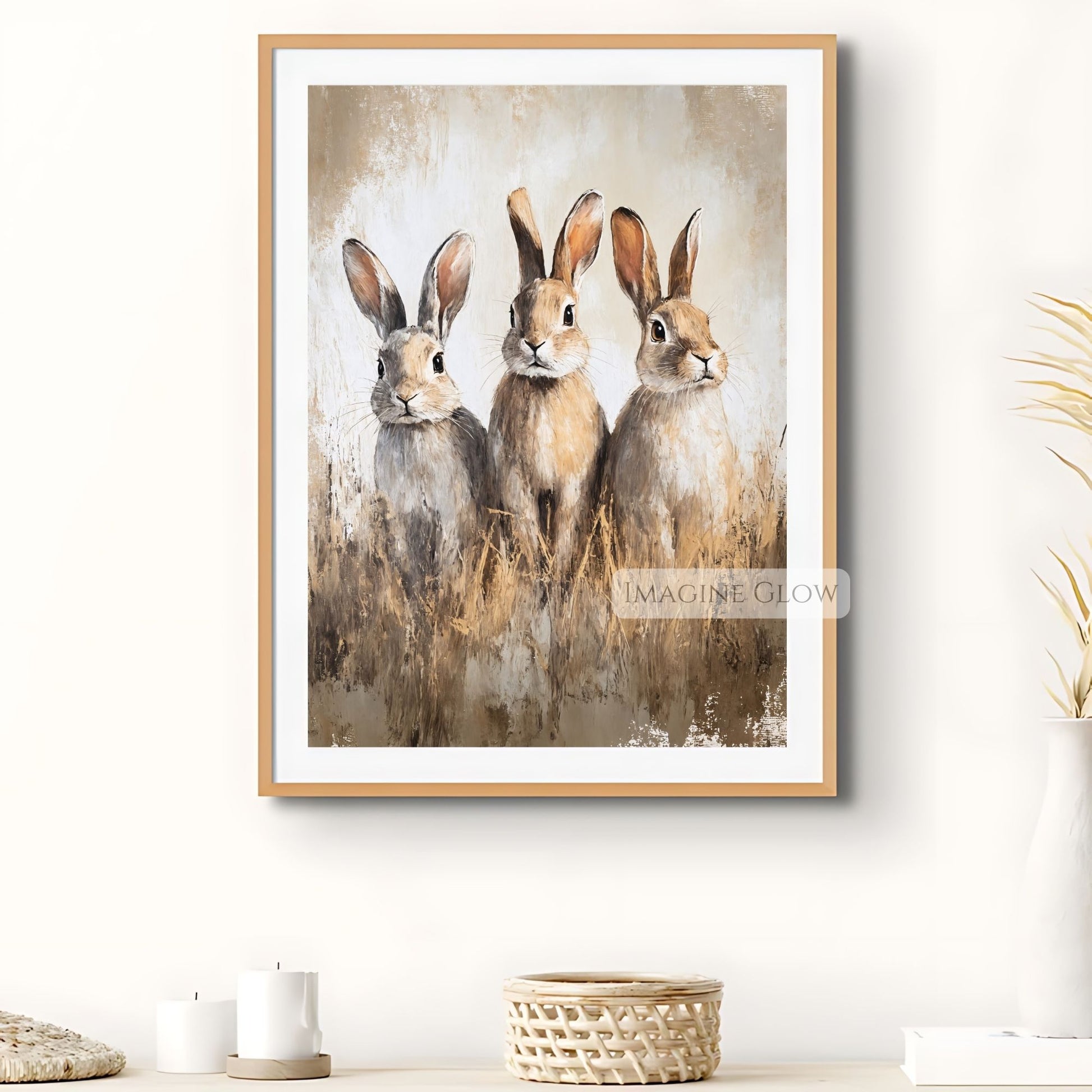 Rustic farmhouse rabbit wall art with three bunnies