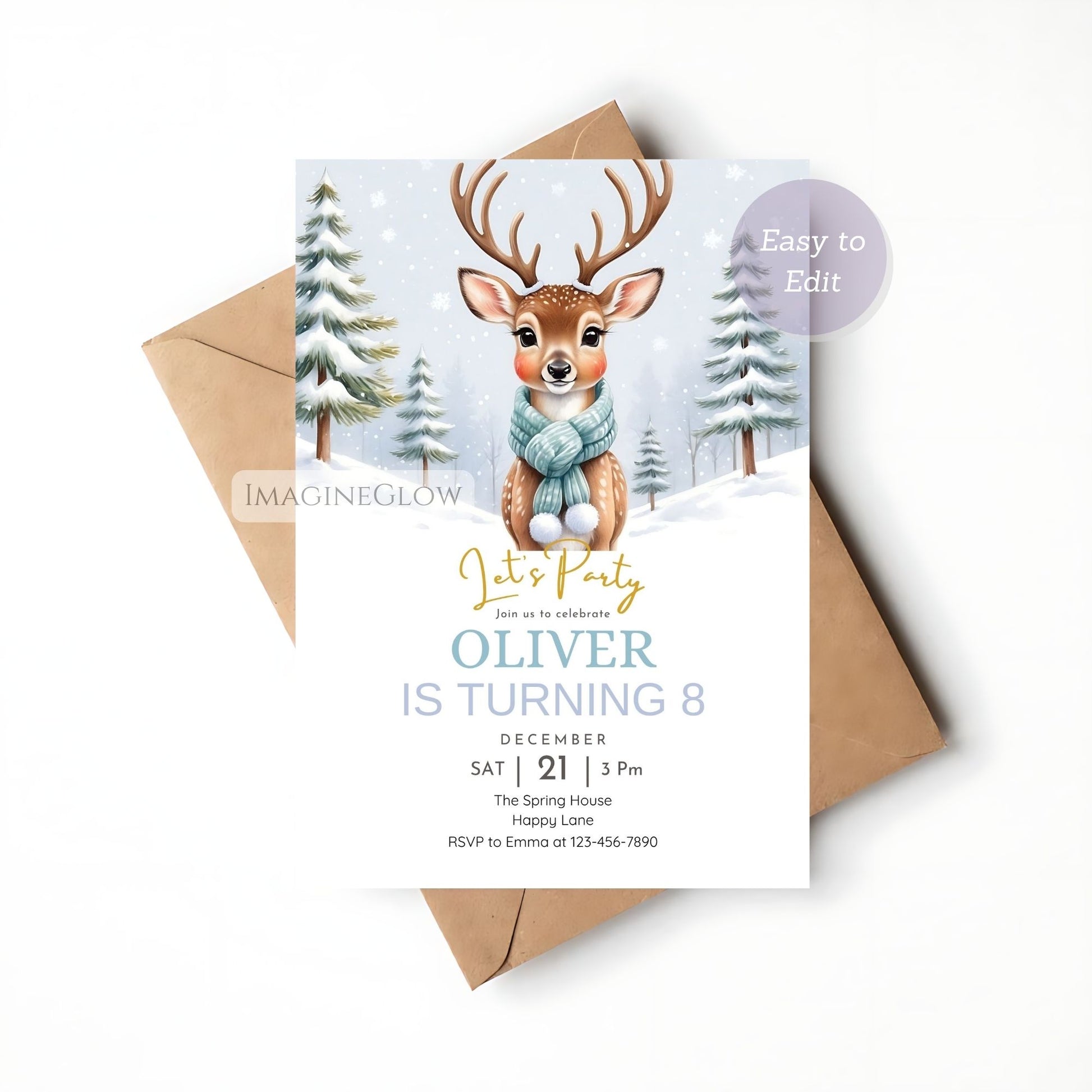 editable deer kids birthday party invitation template