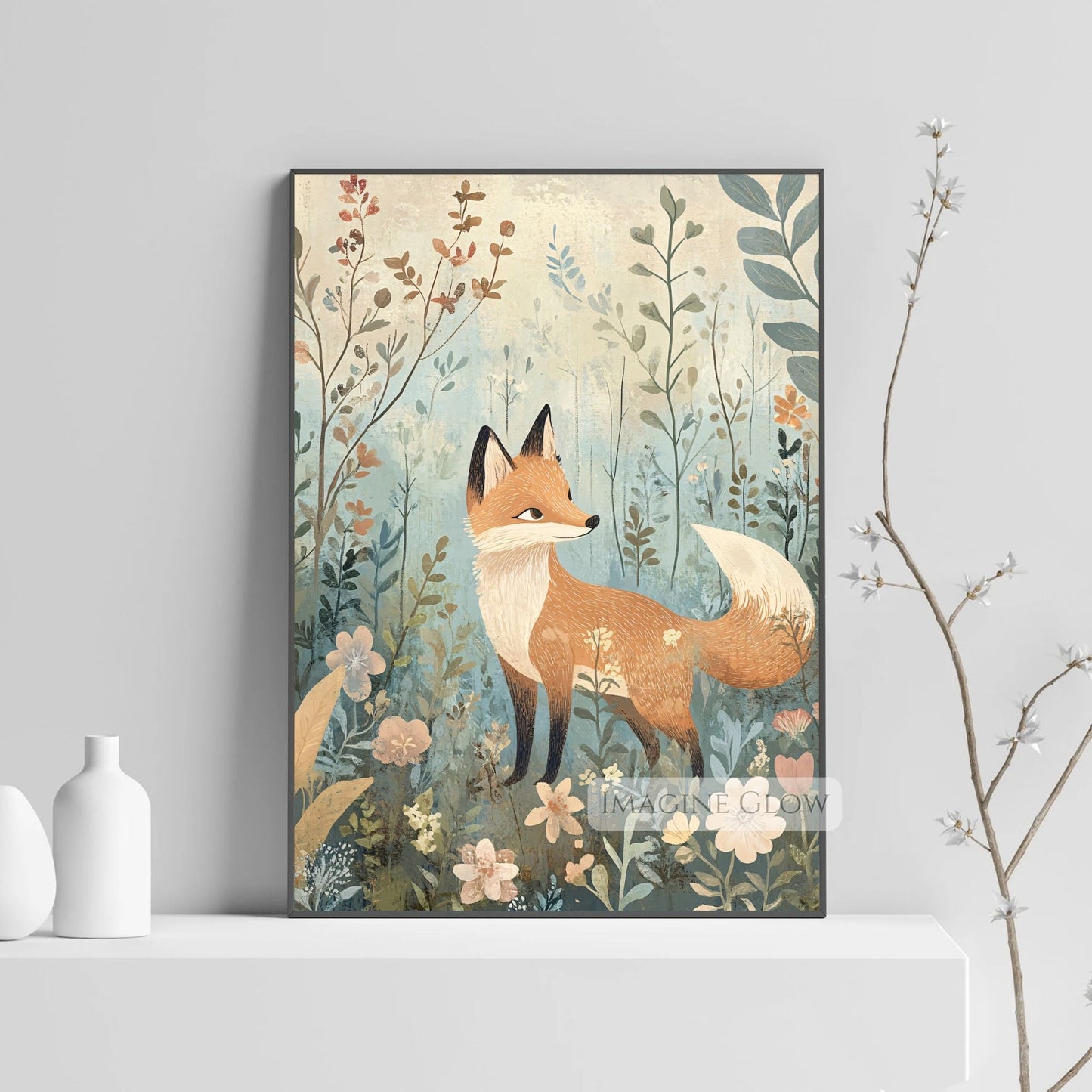 Woodland animal print featuring a floral fox.