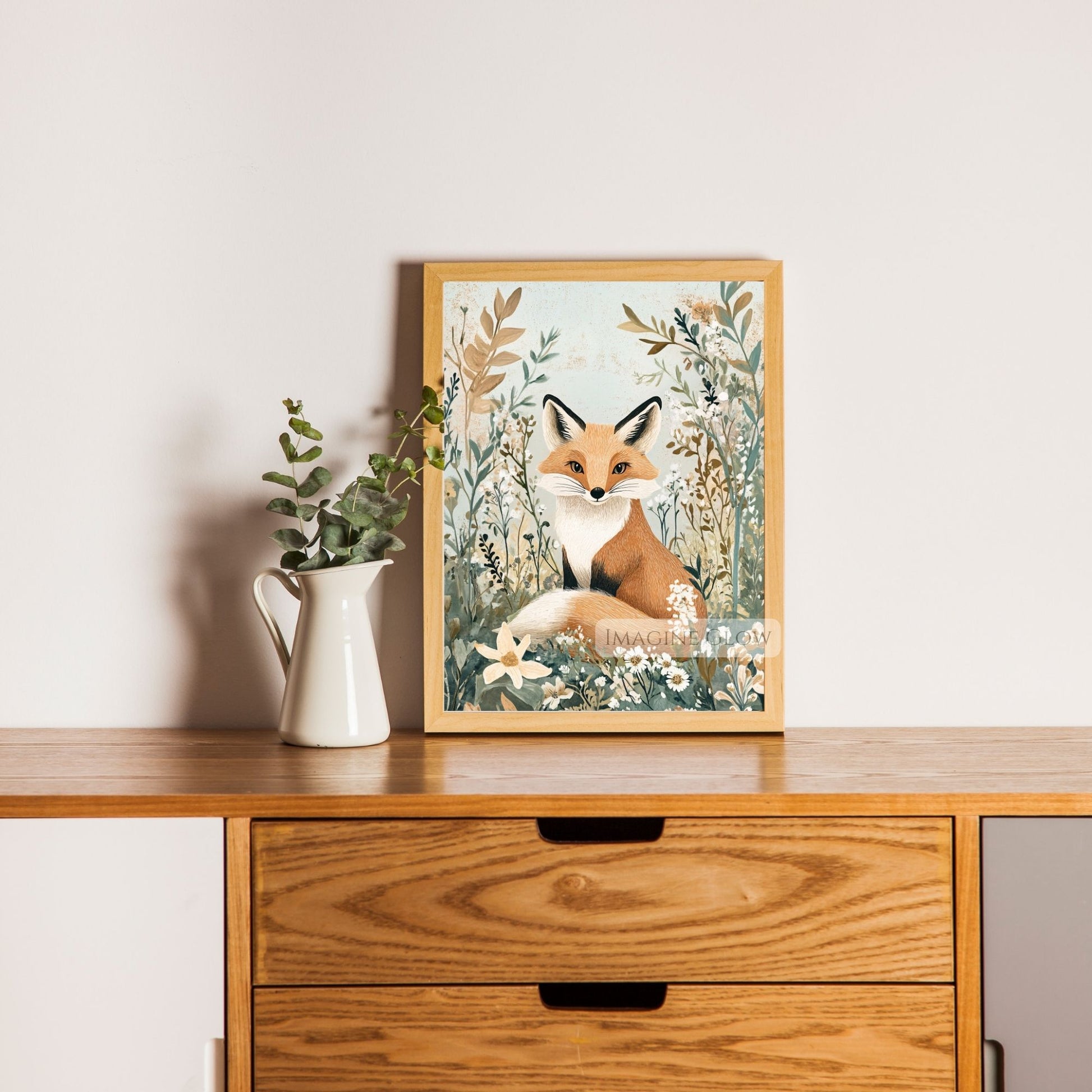 Fox in a floral woodland setting art print.