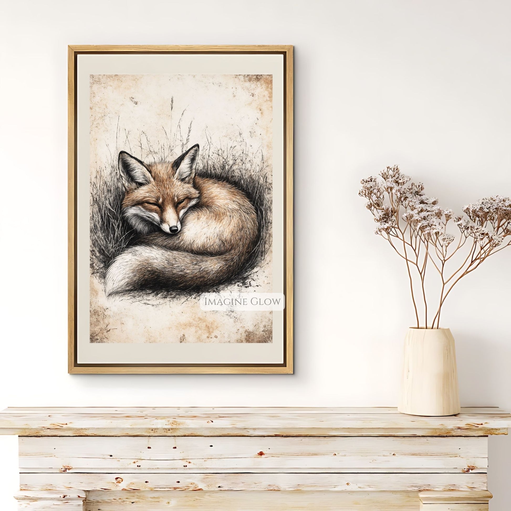 Detailed hand-drawn fox art print for nature-inspired rooms.