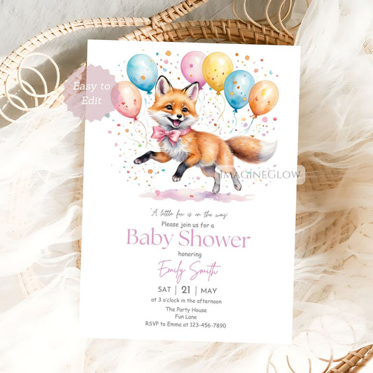 woodland girl baby shower card with foxes