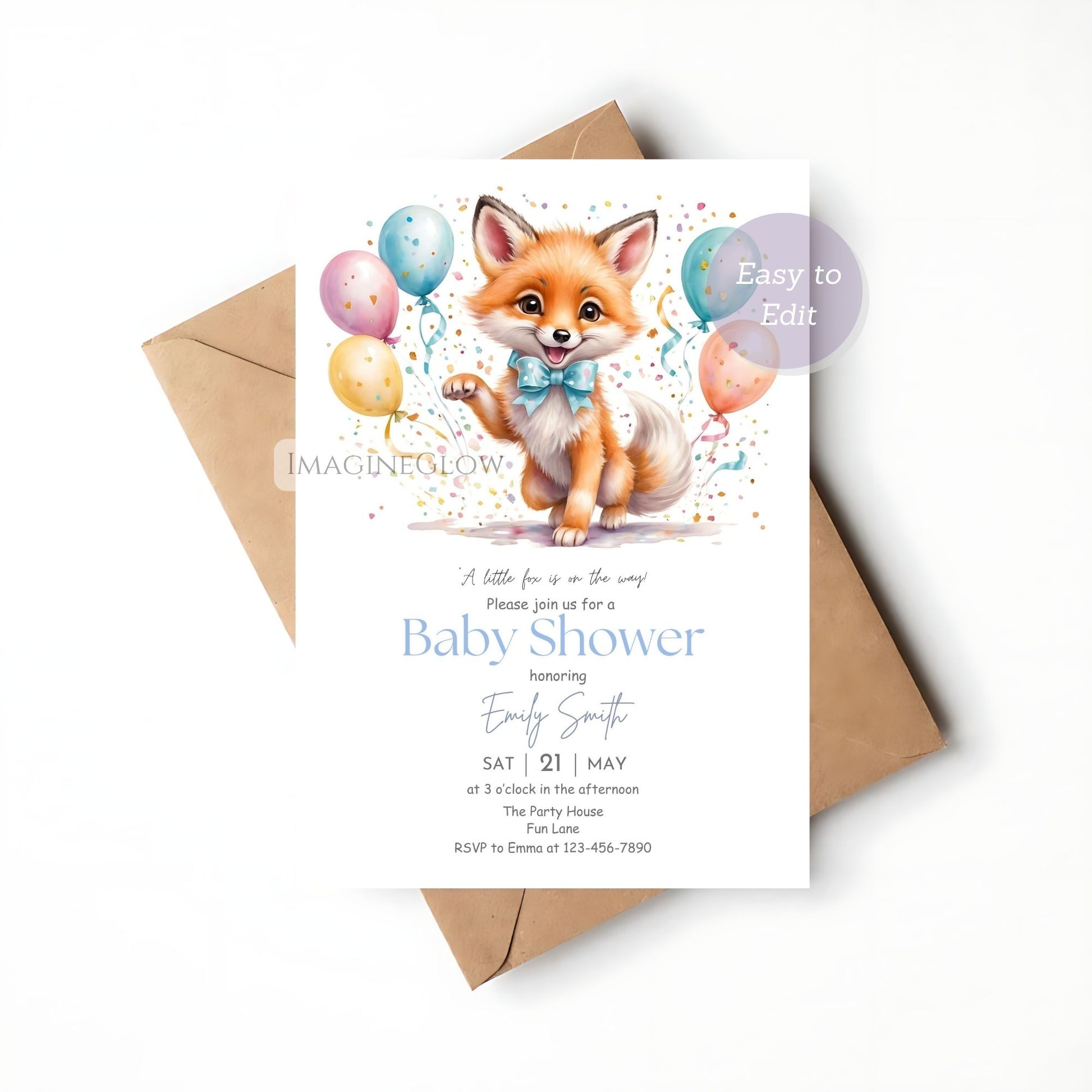 baby shower fox card download canva
cute animal baby shower woodland theme