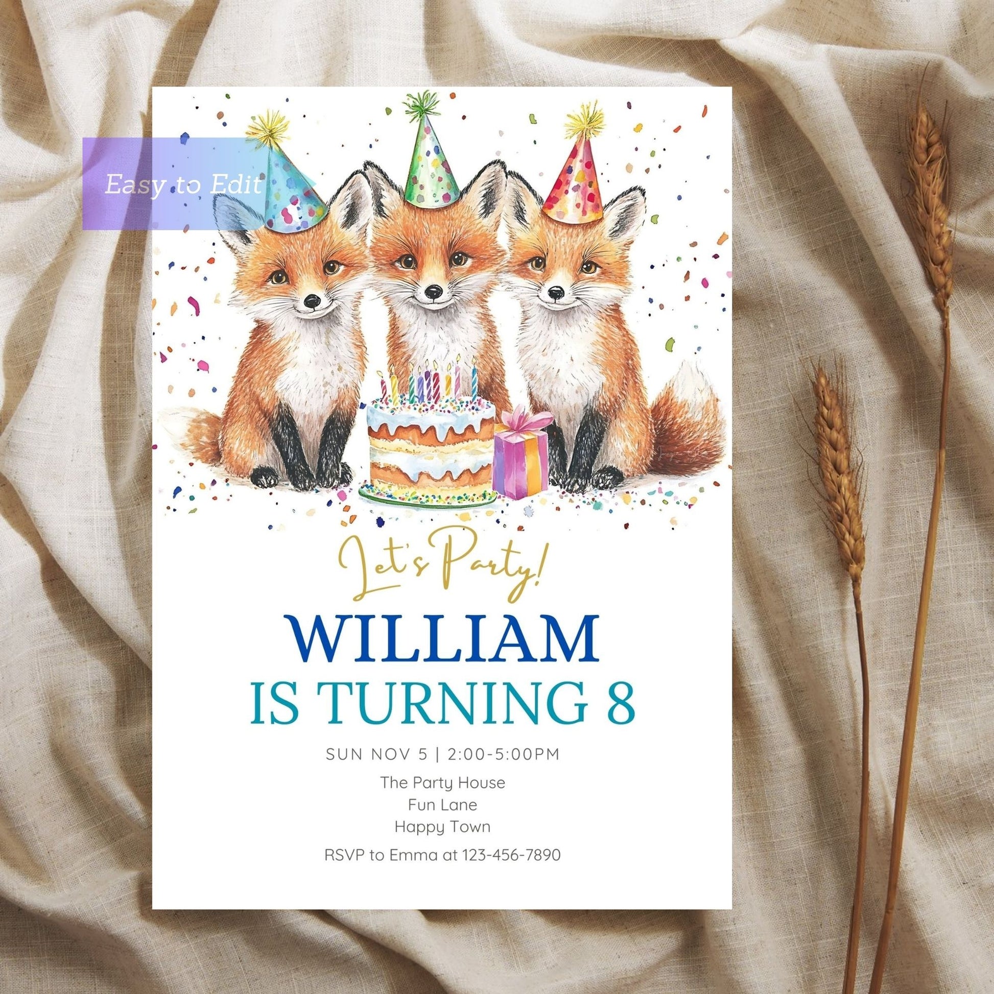 Printable fox birthday card for a woodland party theme.