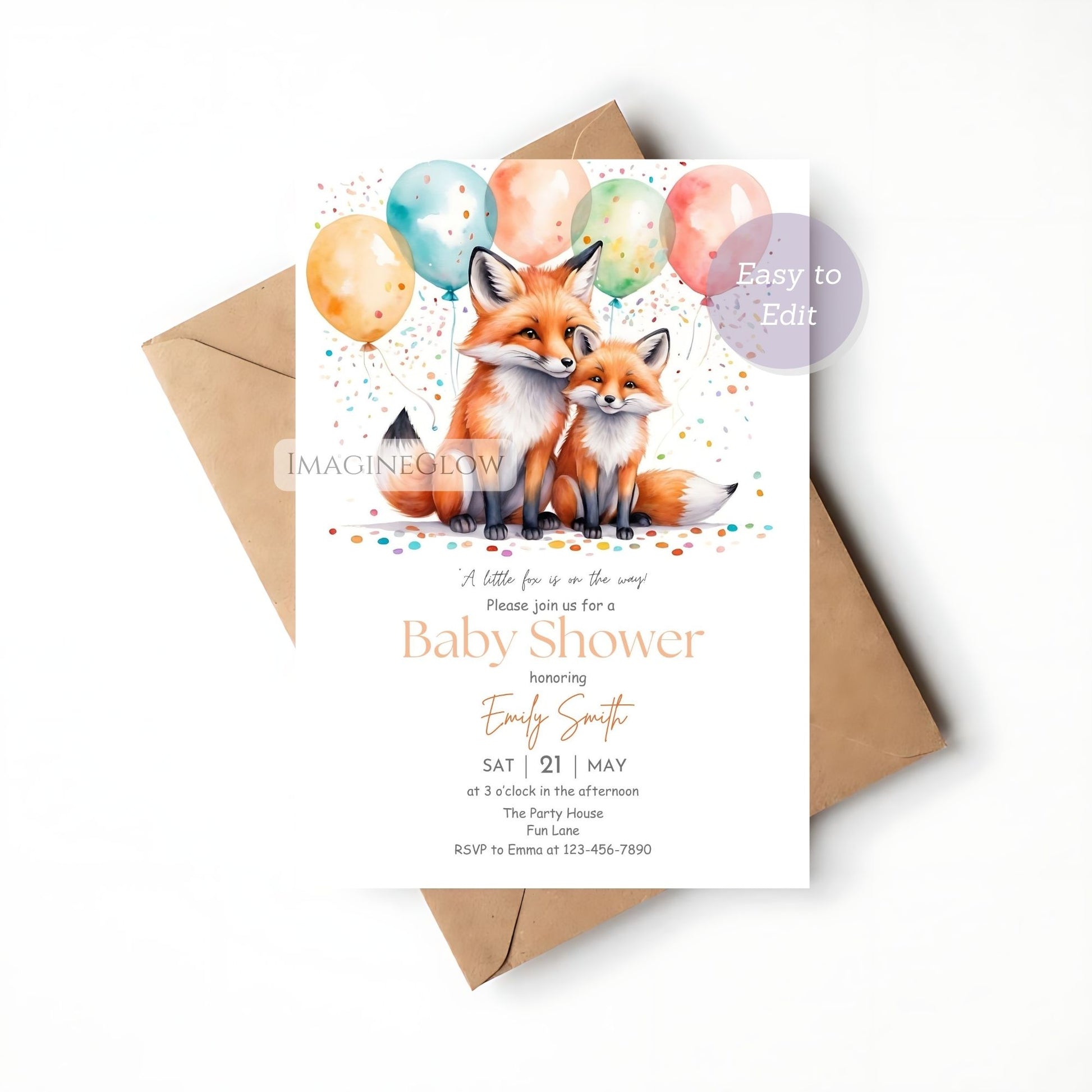 editable fox baby shower invitation