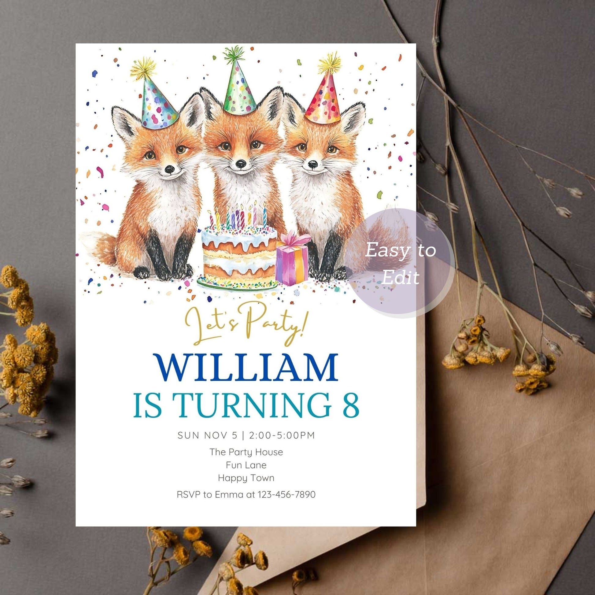 Fox party invitation for kids' forest animal celebration.