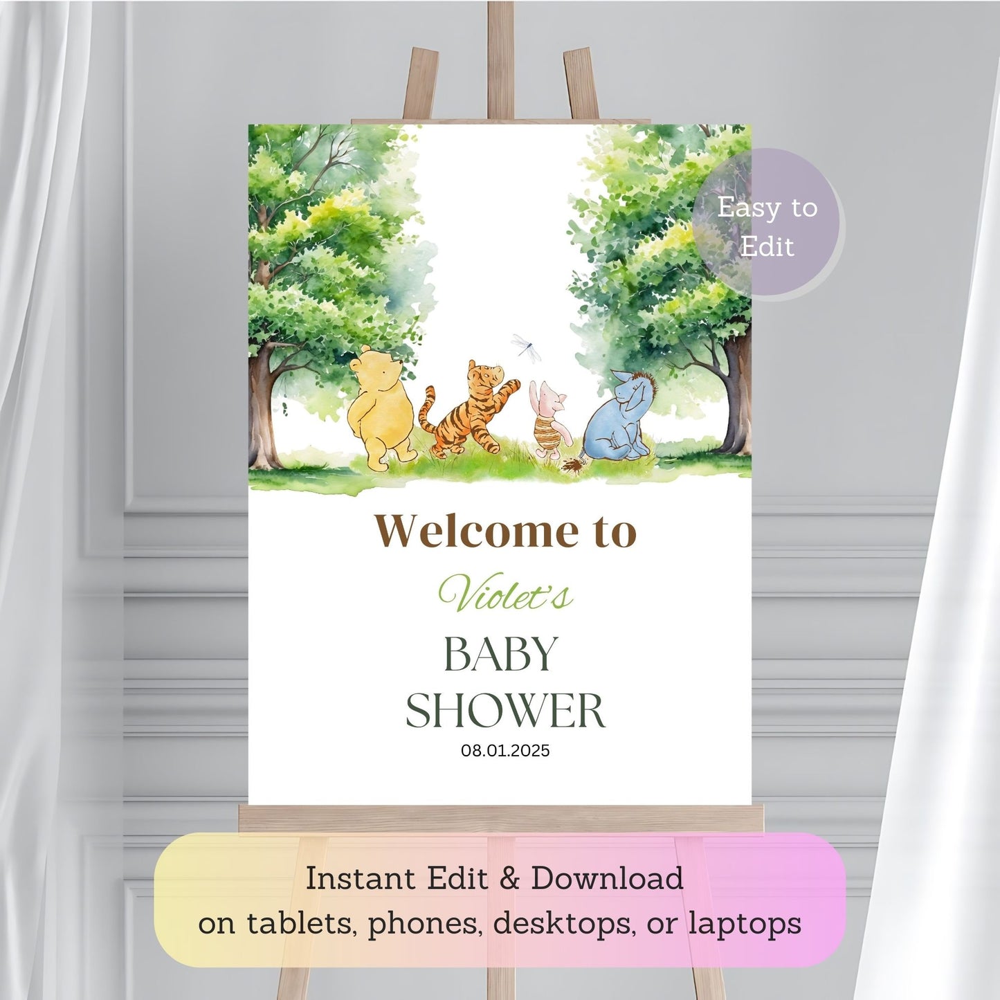 Gender-neutral woodland baby shower sign with Pooh