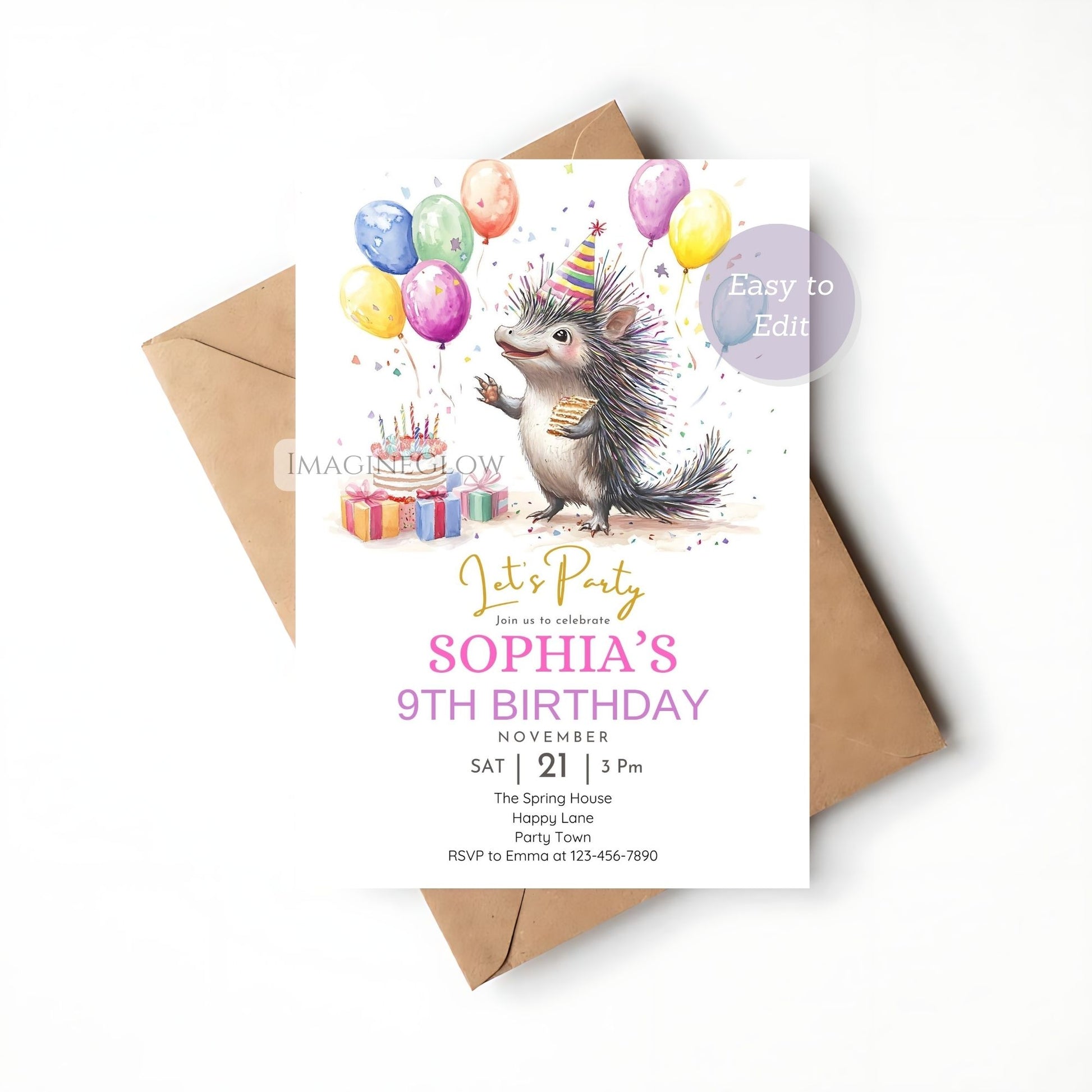 Porcupine themed kids birthday party invitation
Cute porcupine birthday card rustic style