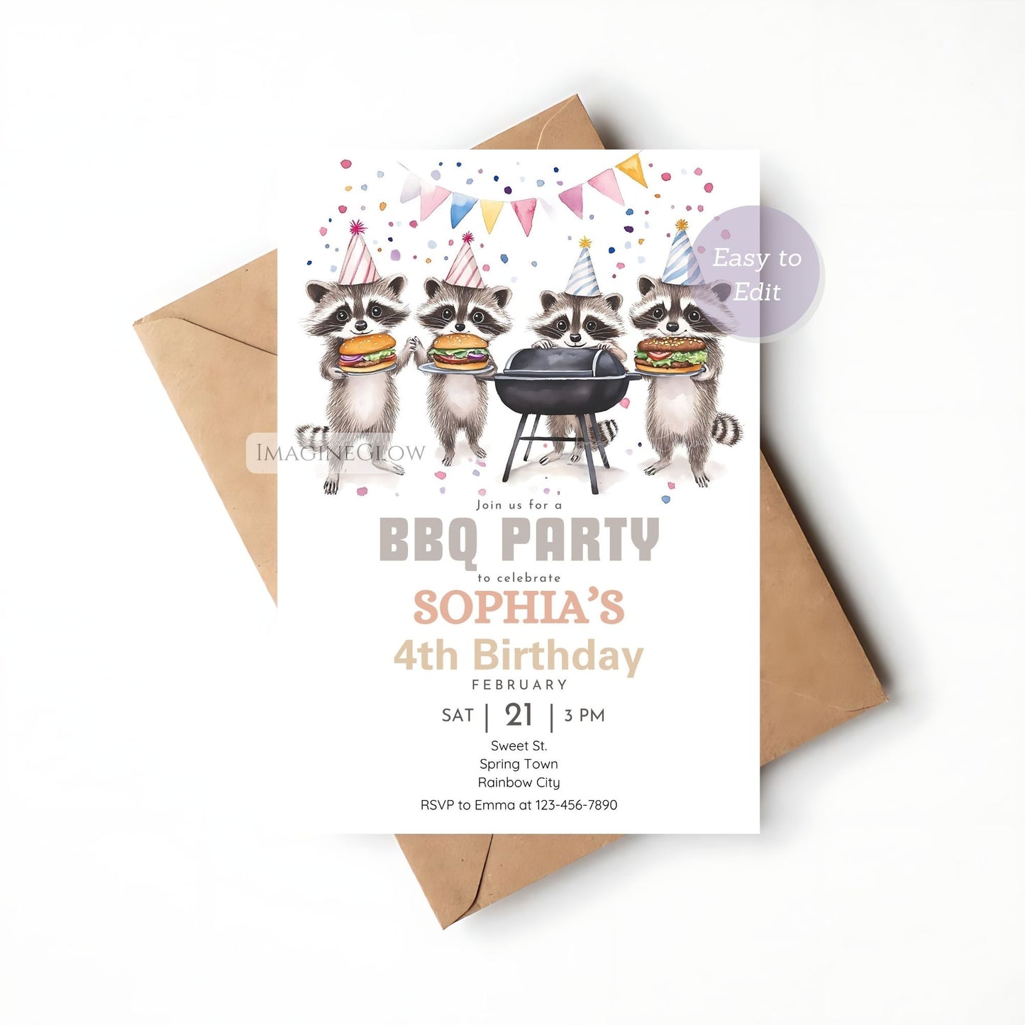 Printable raccoon-themed invitation for a backyard BBQ party.