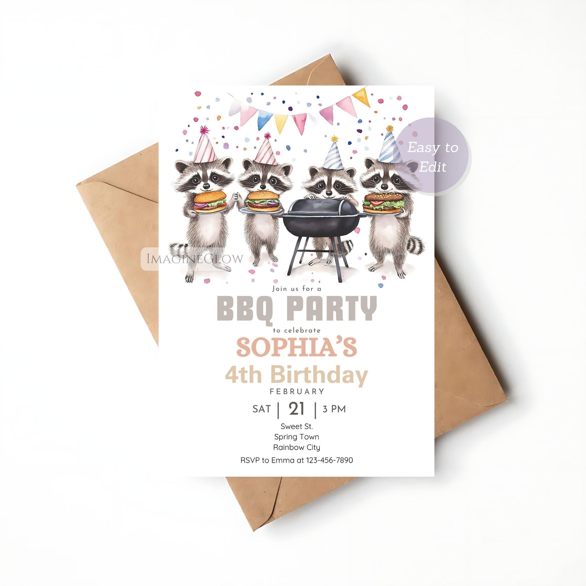 Printable raccoon-themed invitation for a backyard BBQ party.