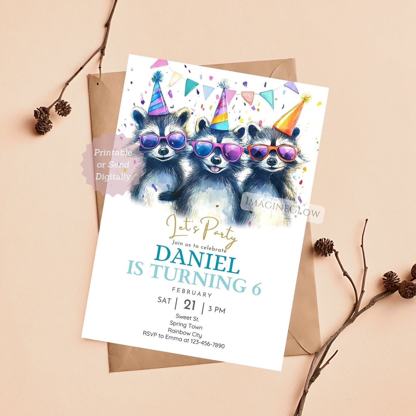 Raccoon birthday invitation with three raccoons wearing sunglasses