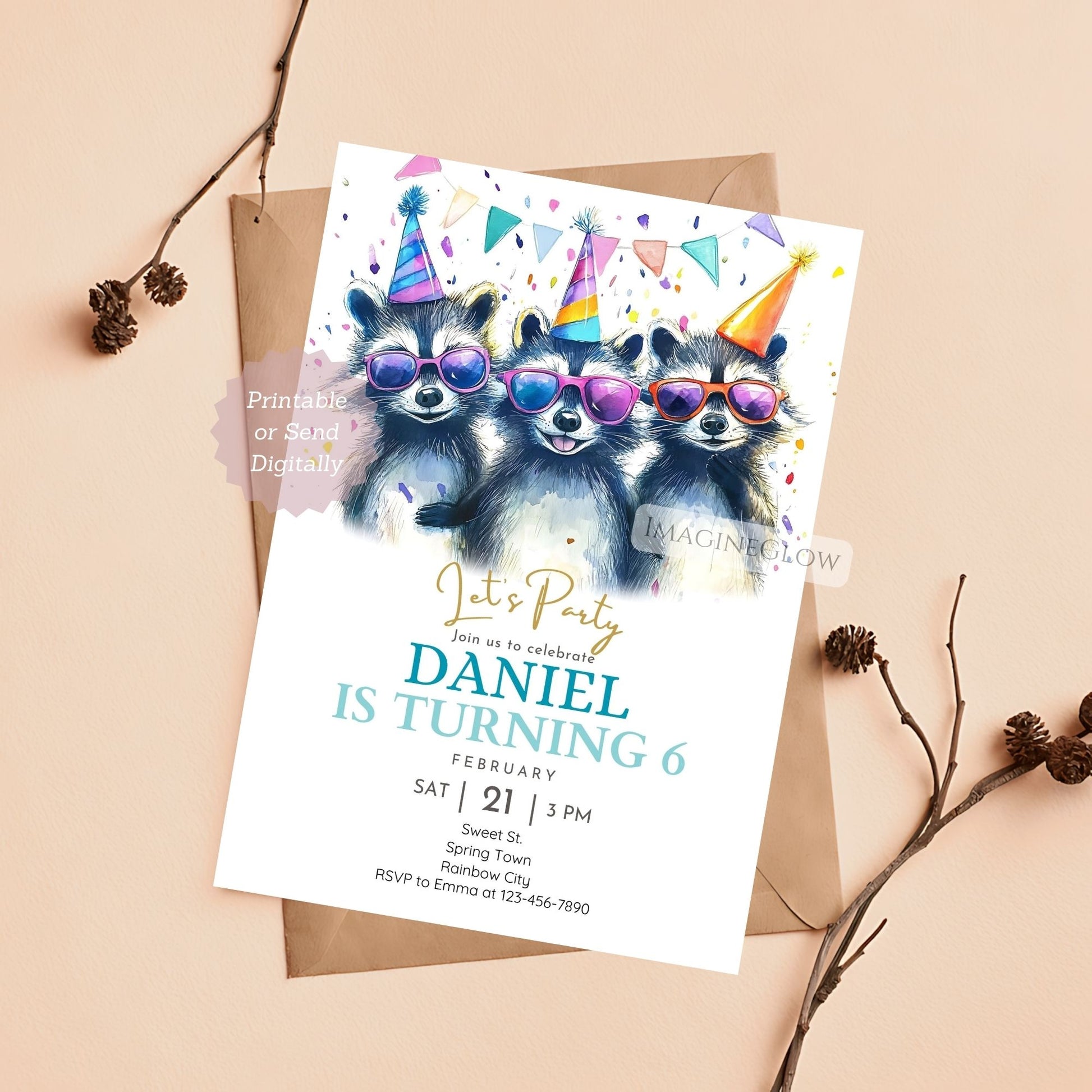 Raccoon birthday invitation with three raccoons wearing sunglasses