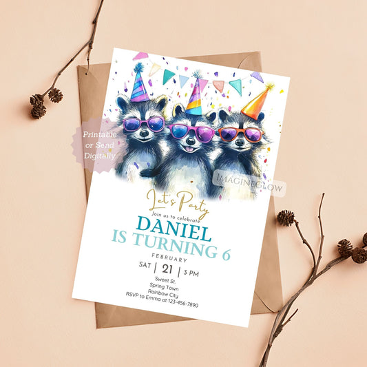 Raccoon birthday invitation with three raccoons wearing sunglasses