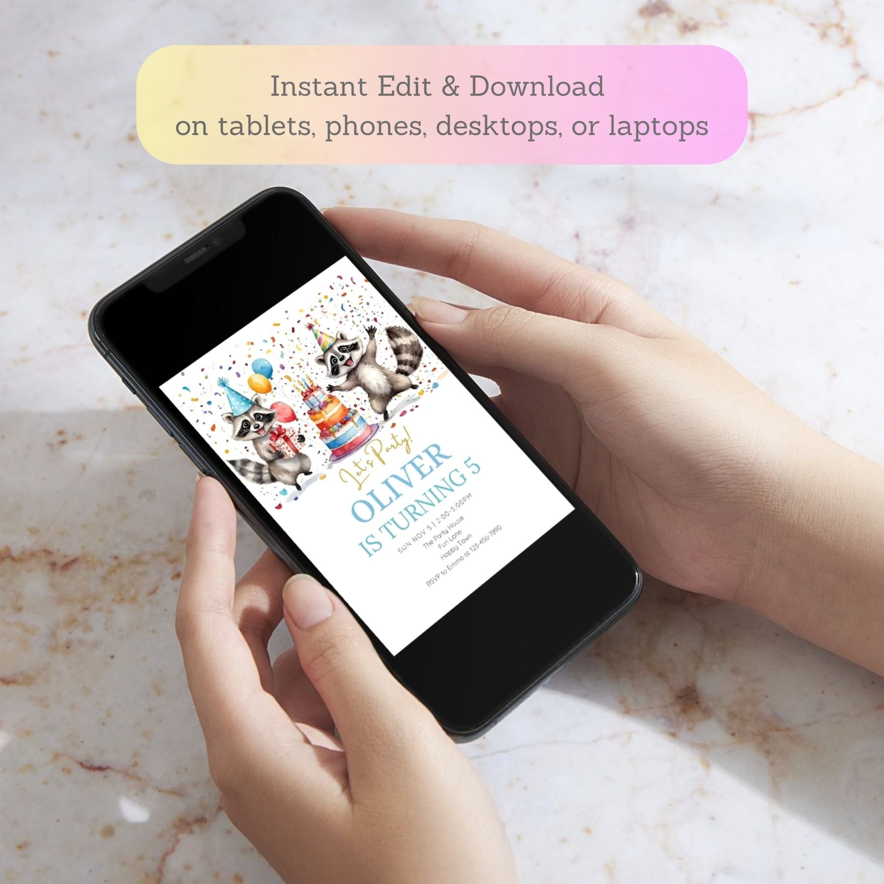 Adorable raccoon design on a forest-themed party invite.