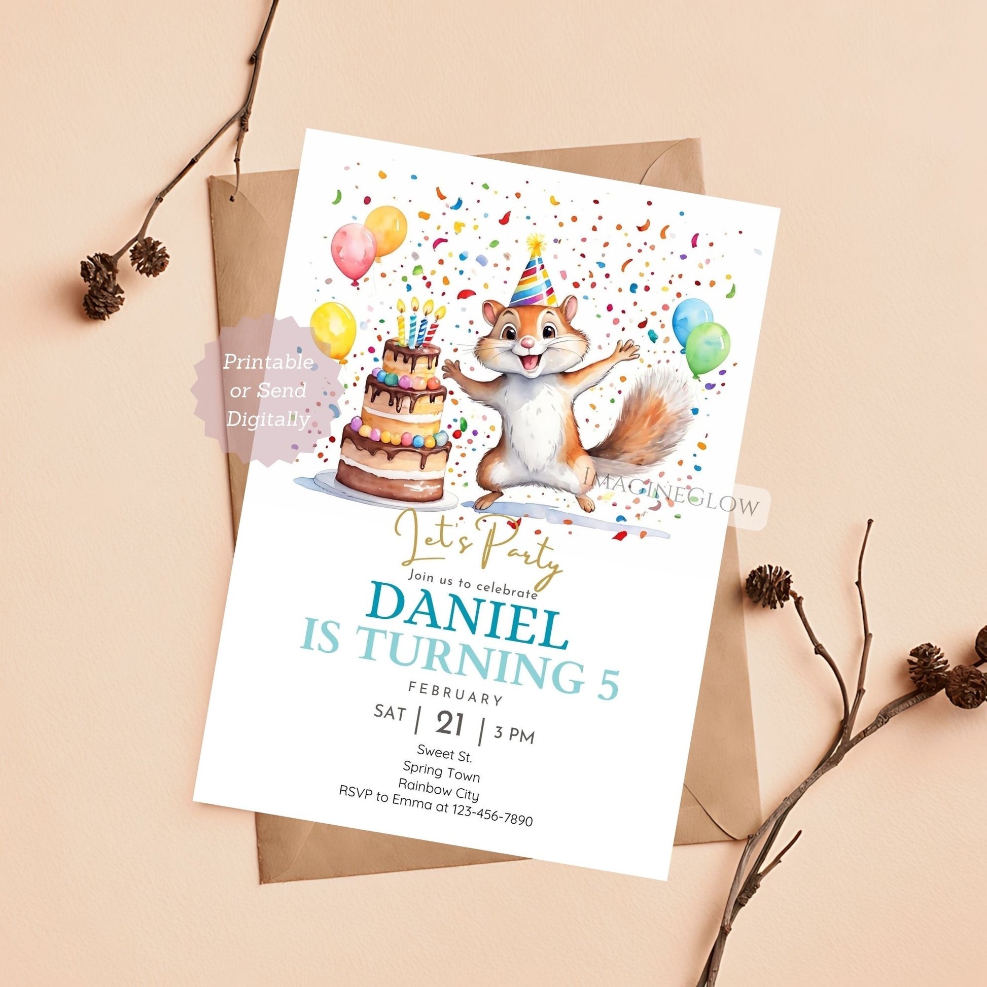 Cute squirrel birthday invitation with a woodland theme.