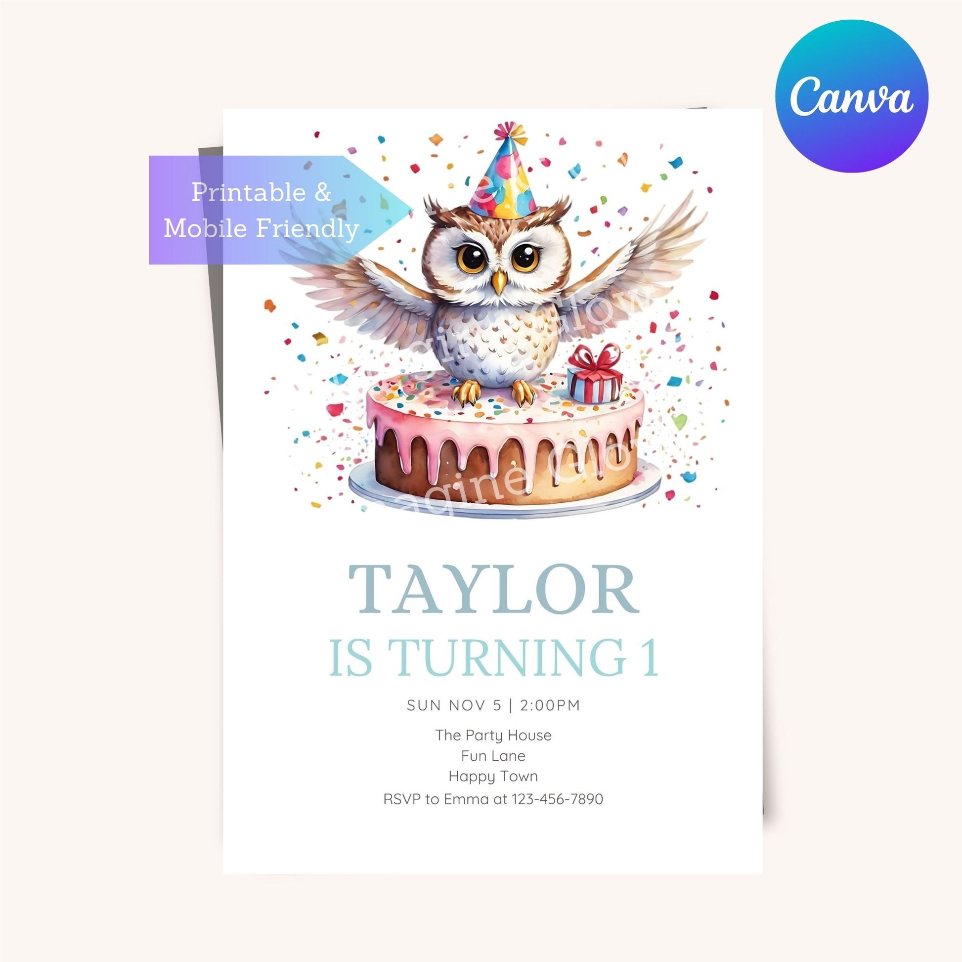 Editable owl-themed birthday card with a charming design. Cute owls birthday invitation for kids’ woodland party.