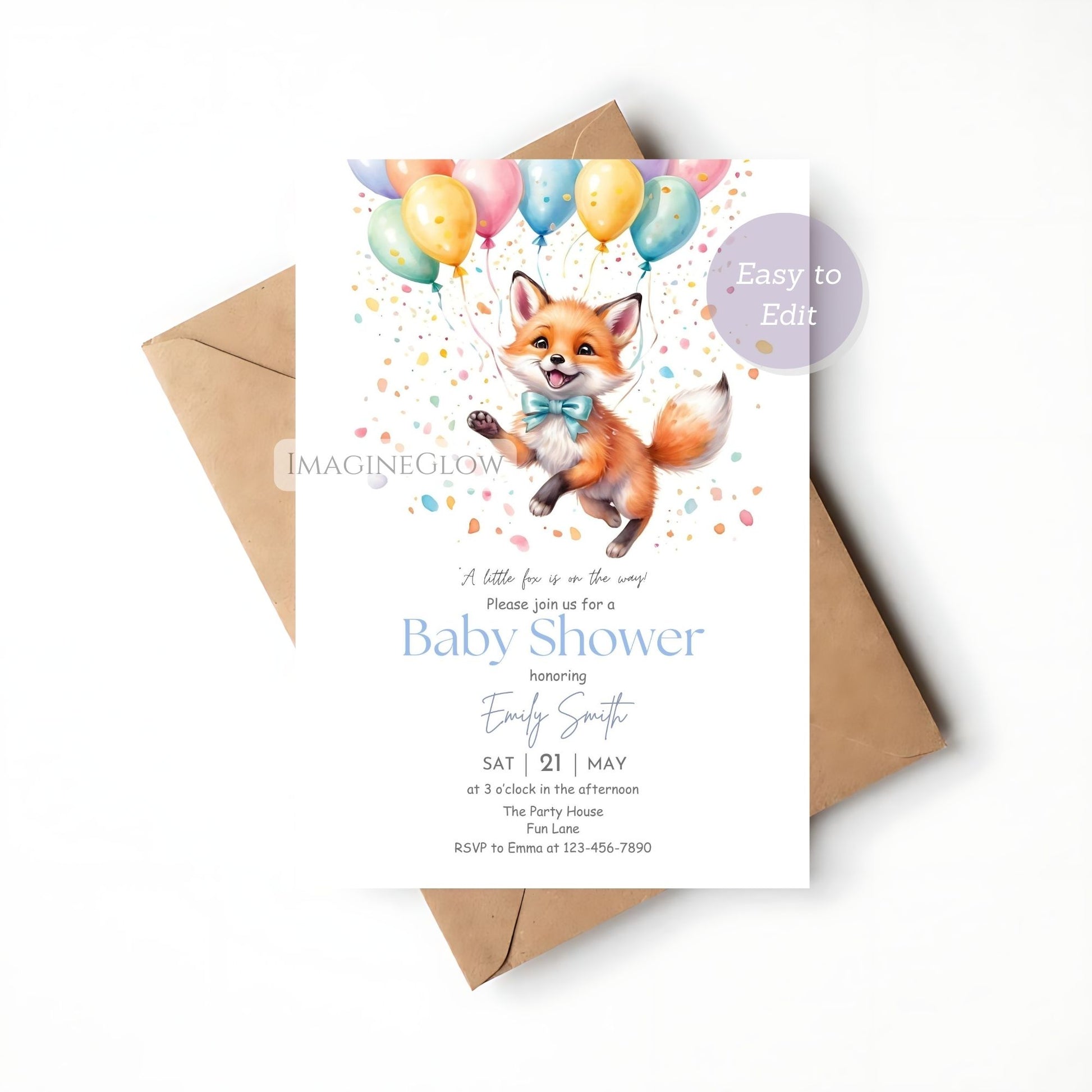 rustic fox balloon baby shower invite
canva baby shower invitation with fox and balloons