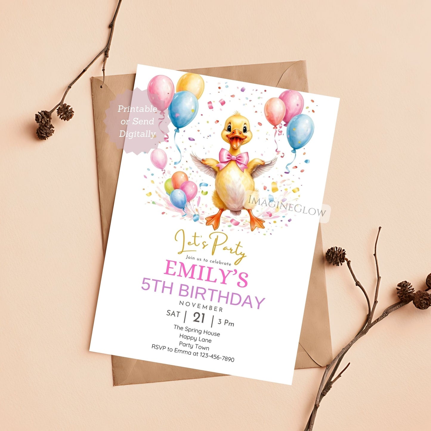 duck birthday invitation with pink