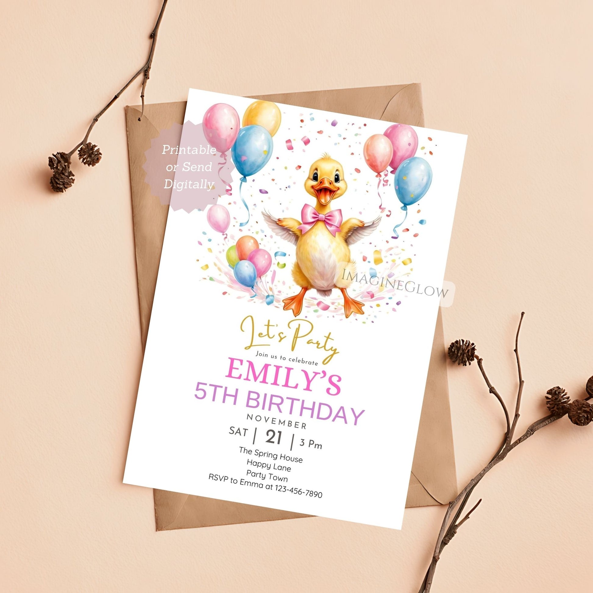 duck birthday invitation with pink