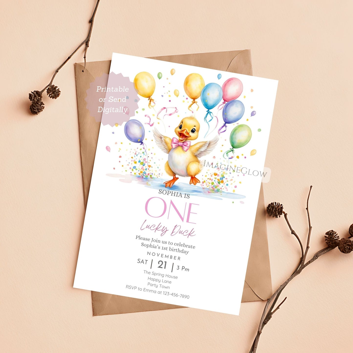 baby girl first birthday duck invite