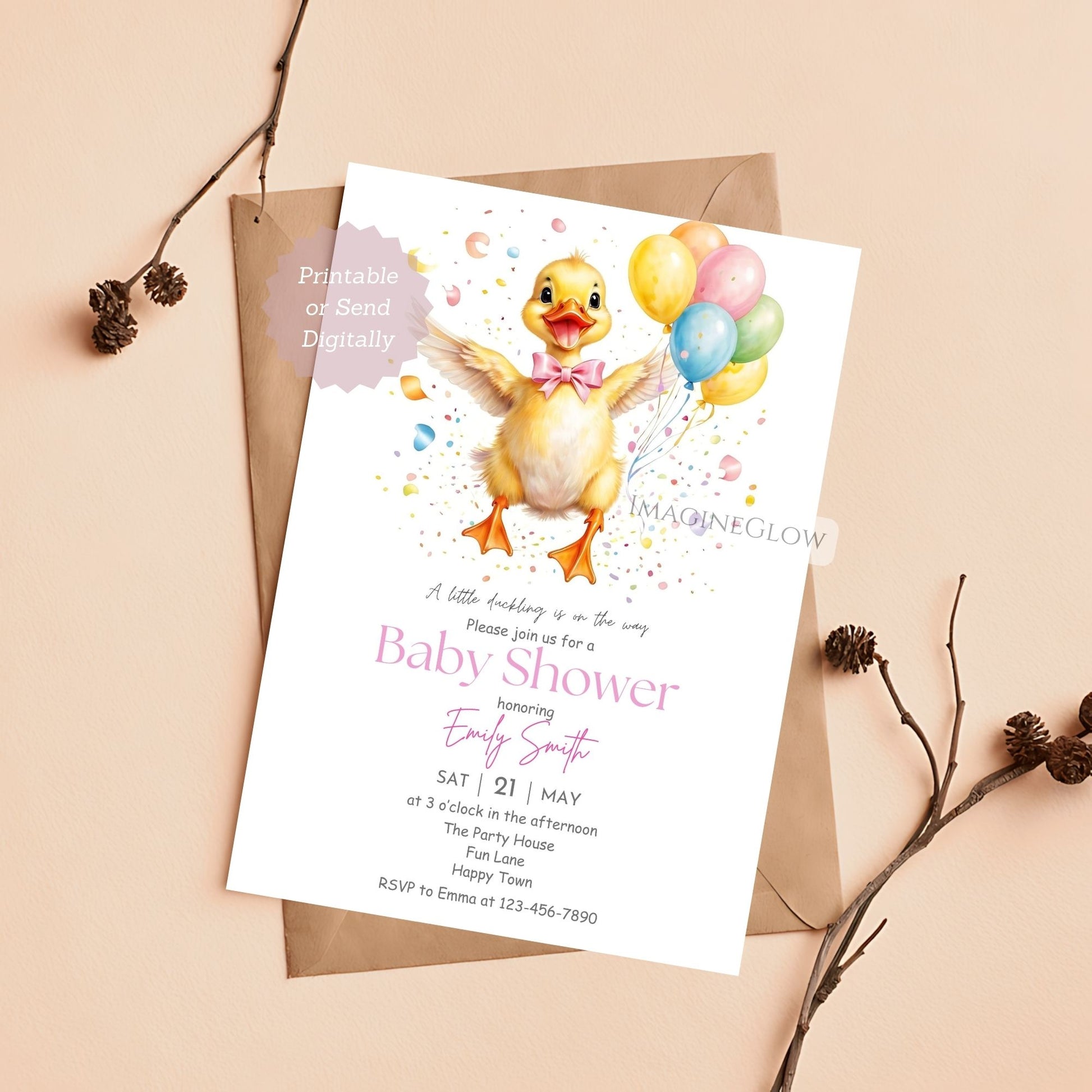 baby girl shower invitation with duckling