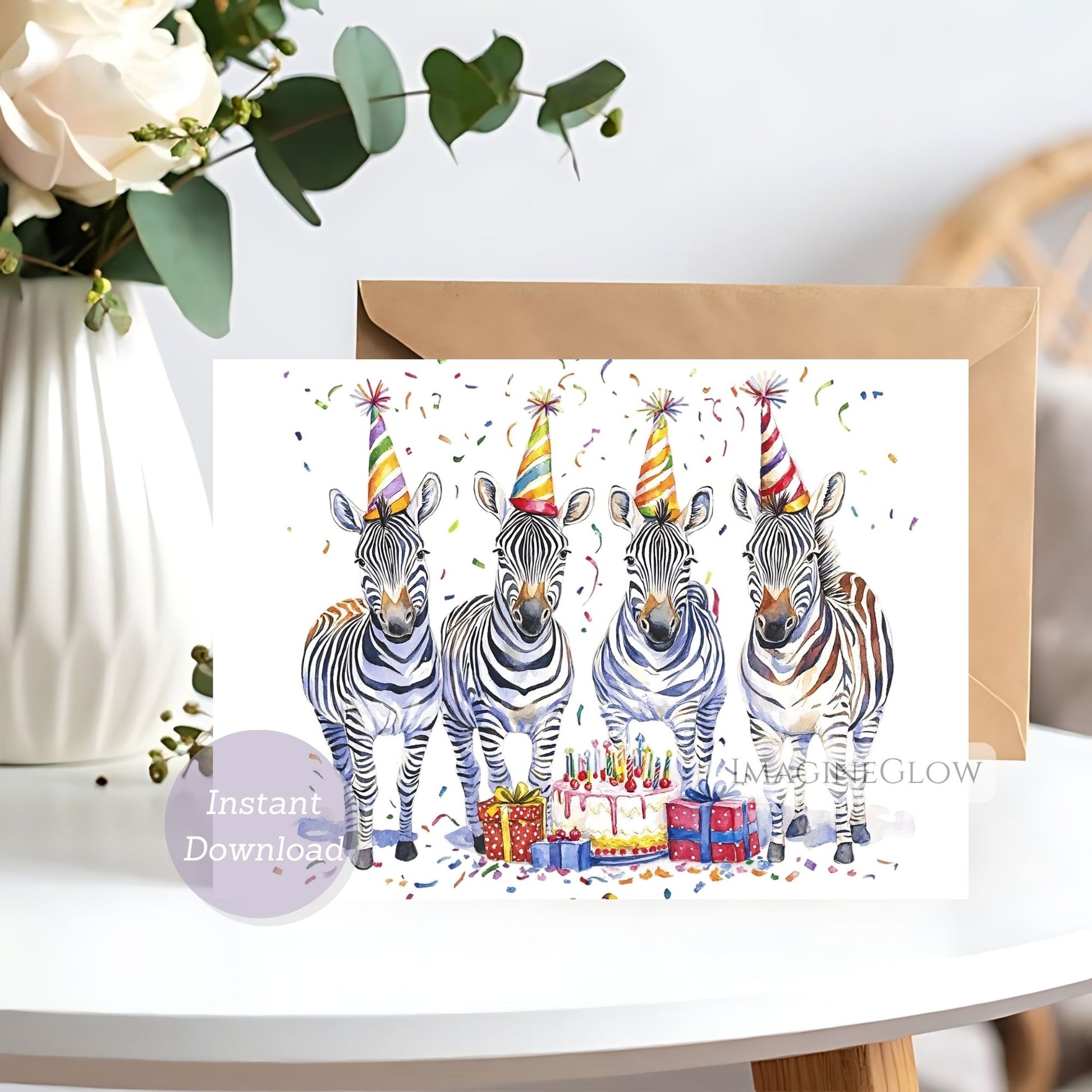 Birthday card with four zebras wearing party hats and a cake, on a white background.