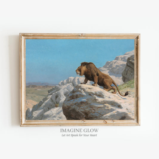 Majestic lion perched on a rock in vintage artwork for home decoration