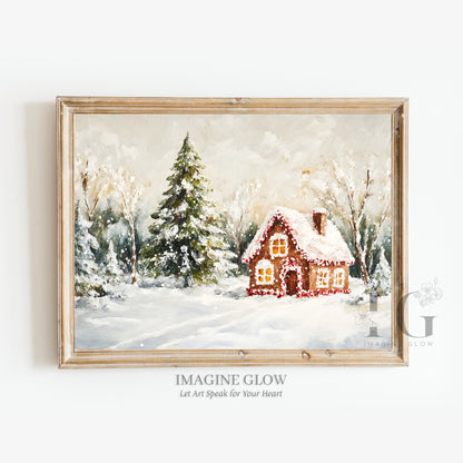 Charming gingerbread house art surrounded by festive decorations, perfect for Christmas wall decor.