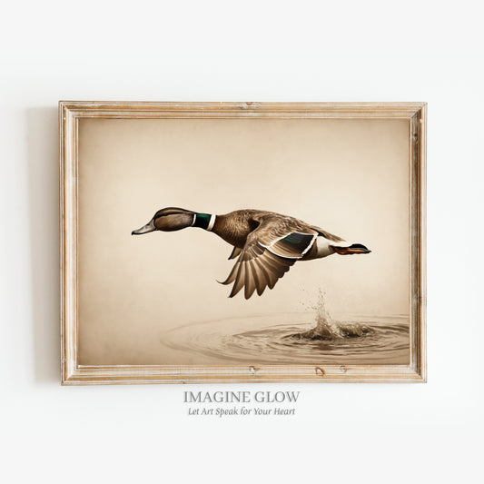 Rustic wall decor featuring a painting of ducks in flight