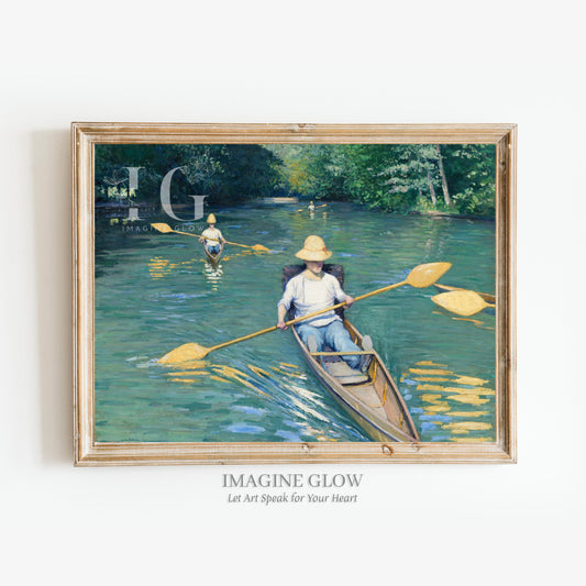 Vintage wall art depicting rowing on a peaceful river