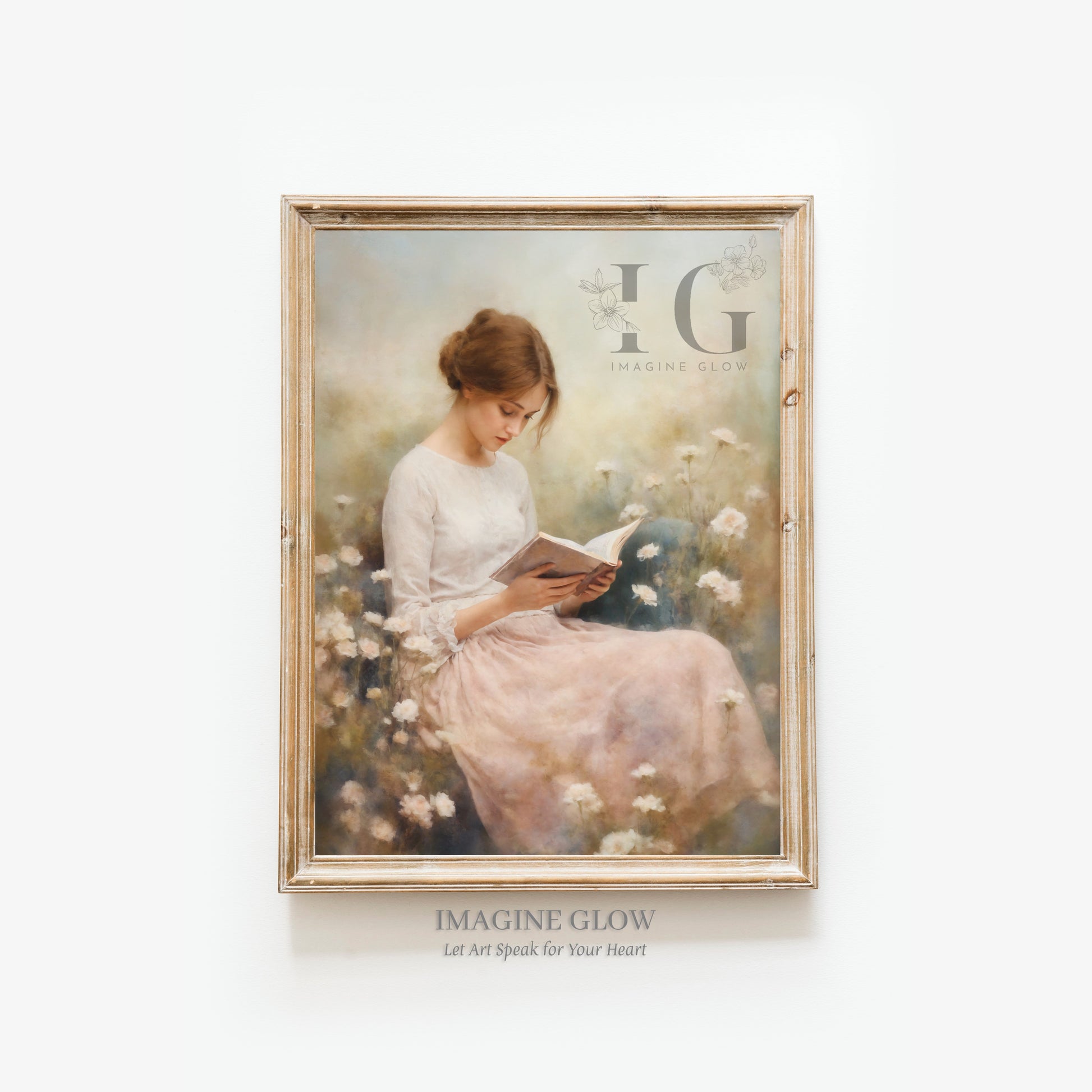 Printable vintage art of woman reading in a wildflower field