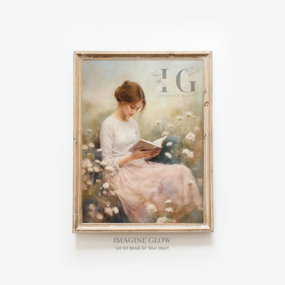 Printable vintage art of woman reading in a wildflower field