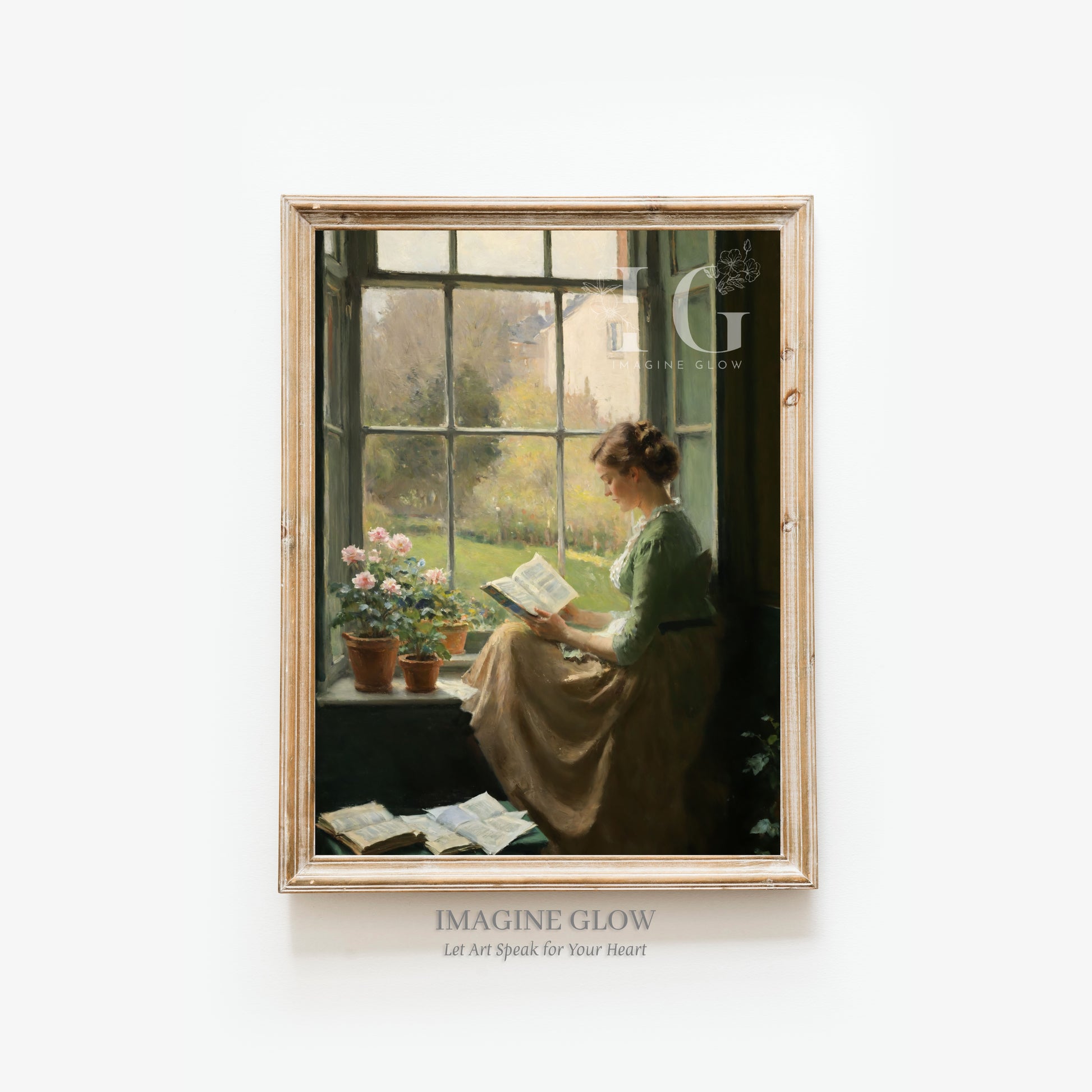 Cozy scene of woman reading by a window for vintage wall art